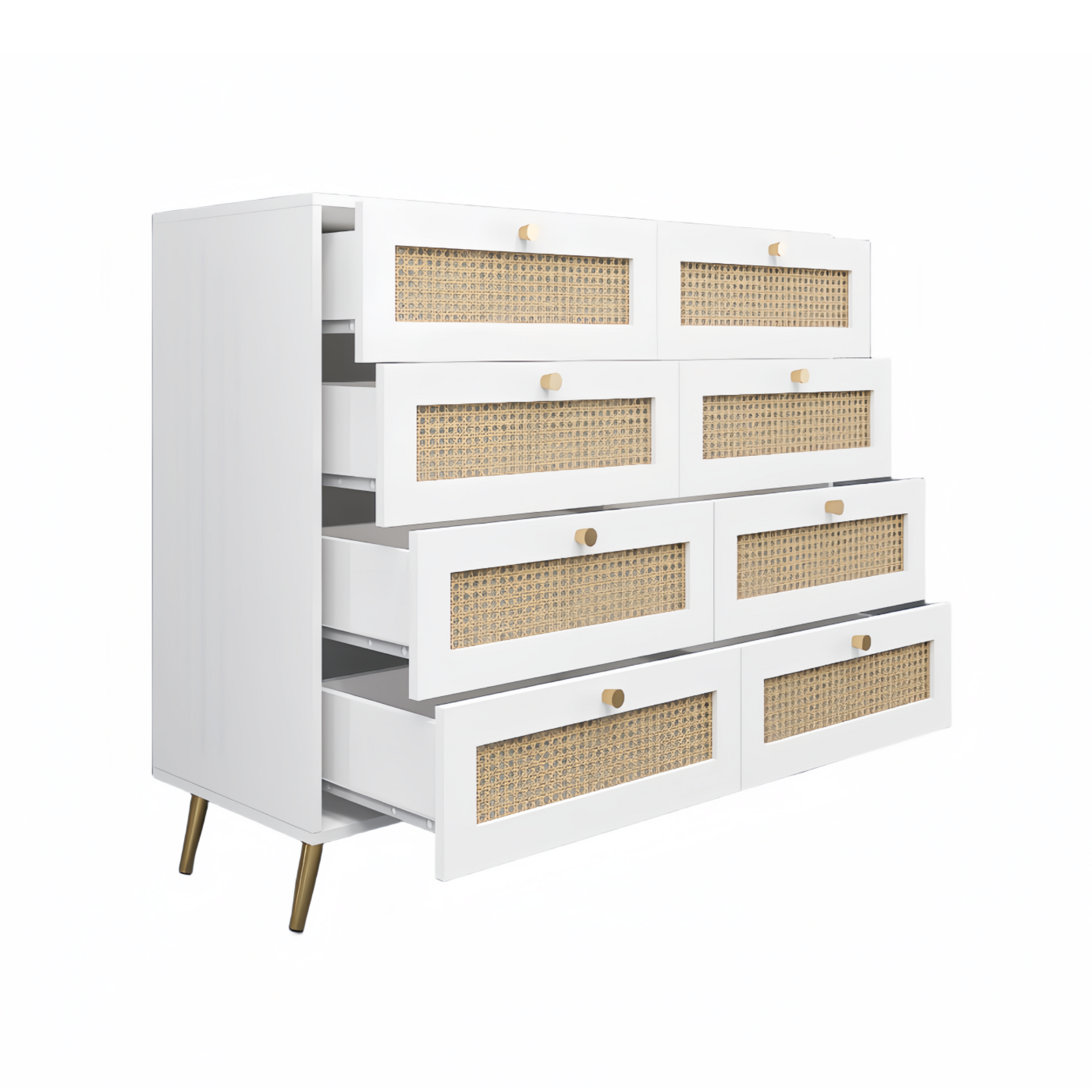 White Color 8 Drawers Chest Of Drawers With Rattan Drawer Face Golden Legs And Handles White White Bedroom Rosewood Wood Rattan