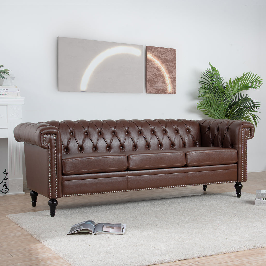 83.66 Inch Width Traditional Square Arm Removable Cushion 3 Seater Sofa Dark Brown Pu Pu