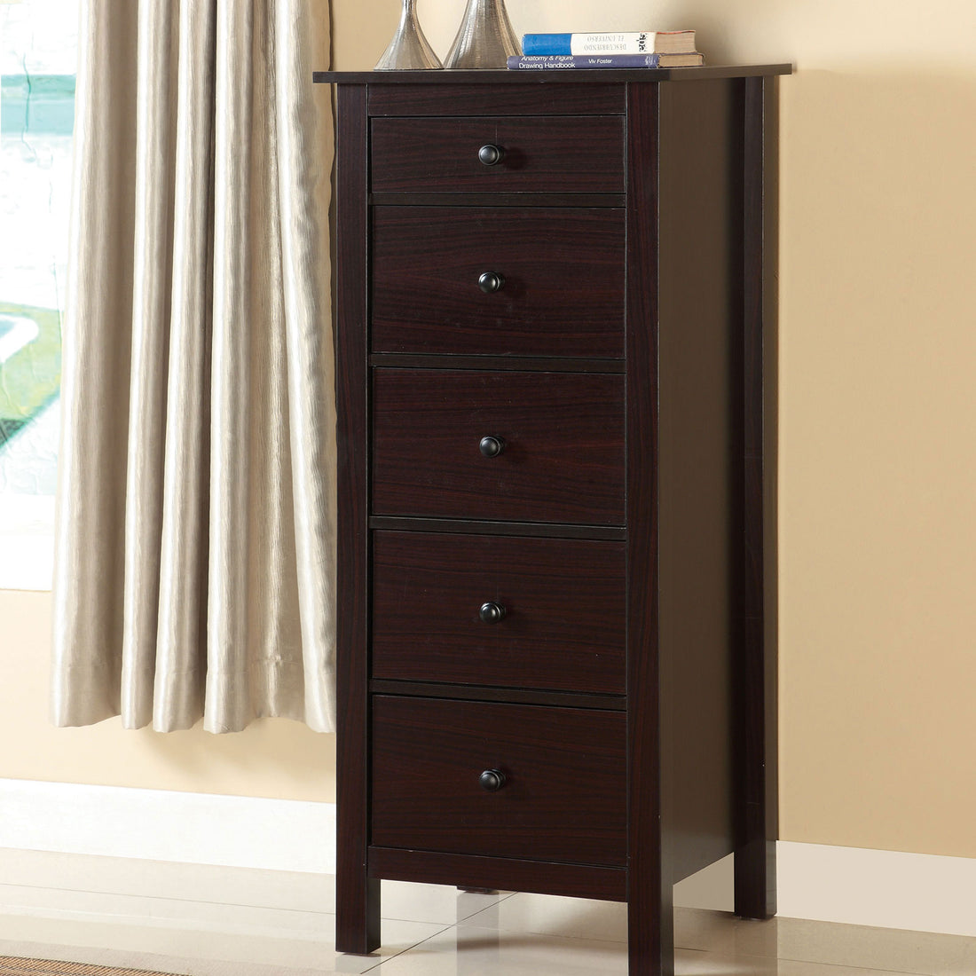 Transitional Espresso Compact Design 5 Drawer Chest Bedroom Small Living Space Chest Of Drawers Espresso Bedroom Contemporary,Modern,Transitional Solid Wood