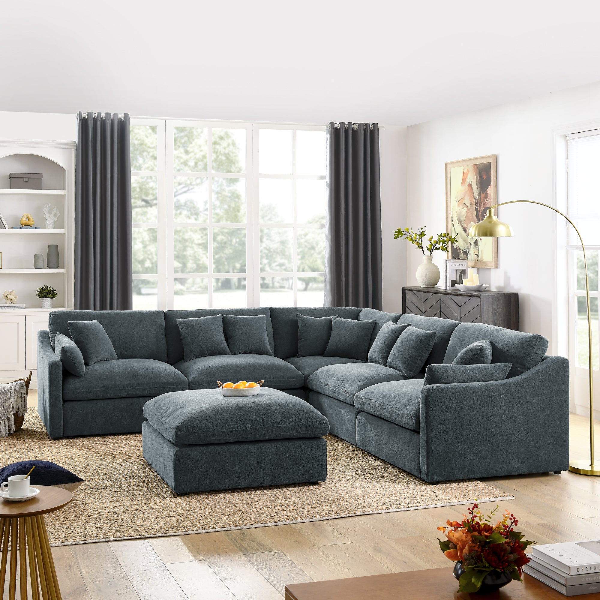 6 Seats Modular L Shaped Sectional Sofa with dark grey-chenille-wood-primary living
