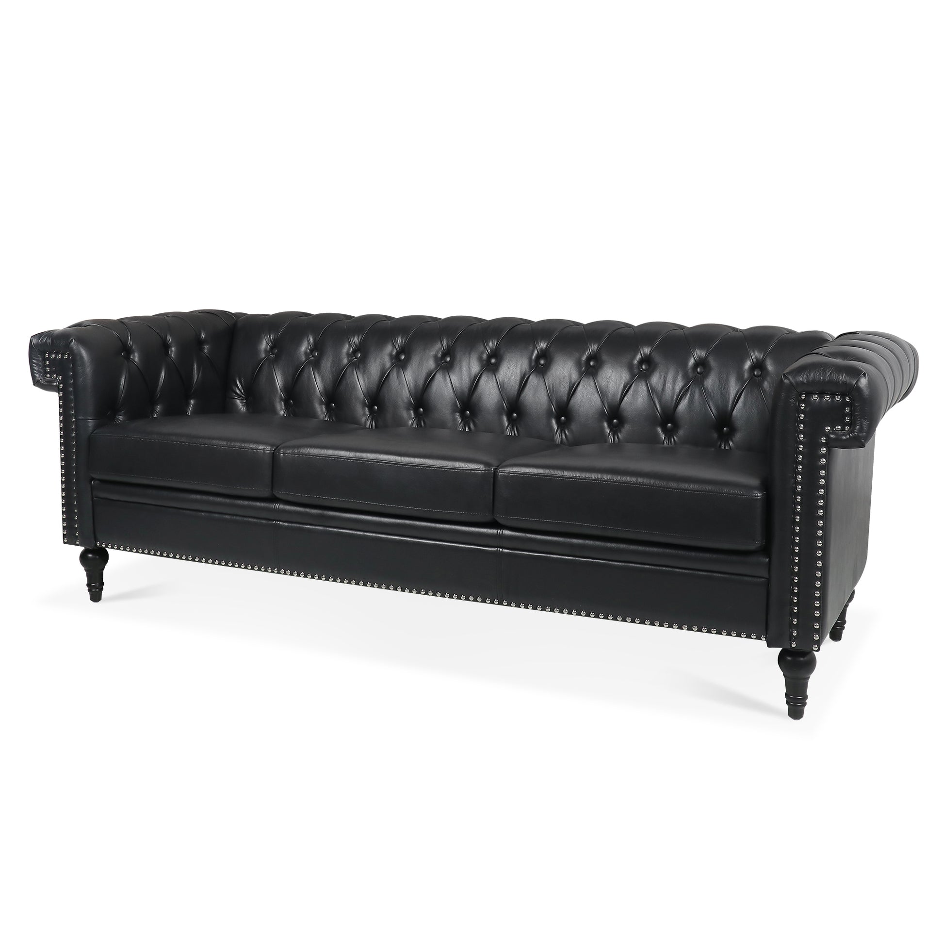 83.66 Inch Width Traditional Square Arm Removable Cushion 3 Seater Sofa Black Pu