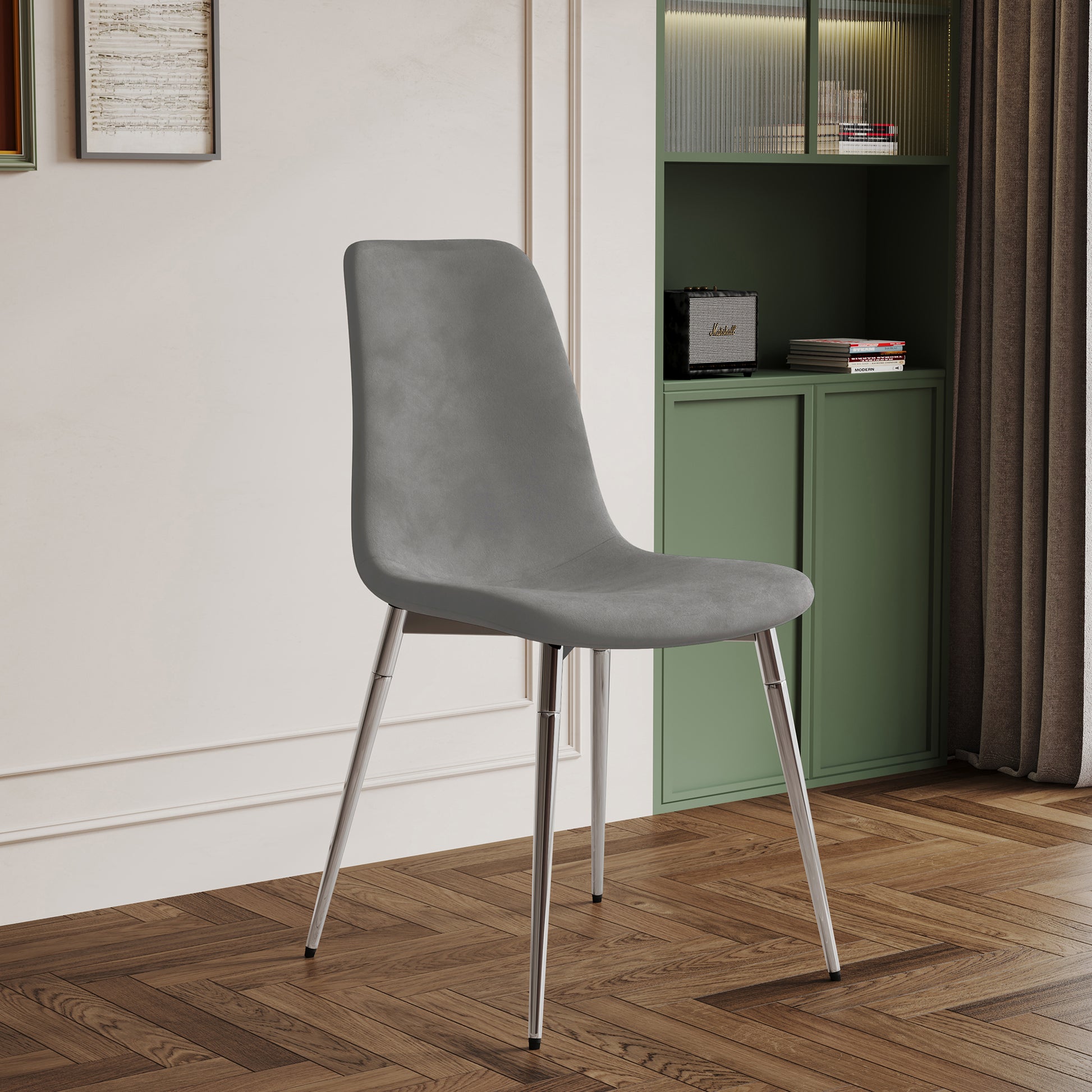 Dining Table Set Of 5, 0.32" Thick Tempered Glass Top Dining Table With Metal Legs And Four Fabric Dining Chairs, Table Size: 51.18" L X 31.50" W X 29.53" H Silver Tempered Glass