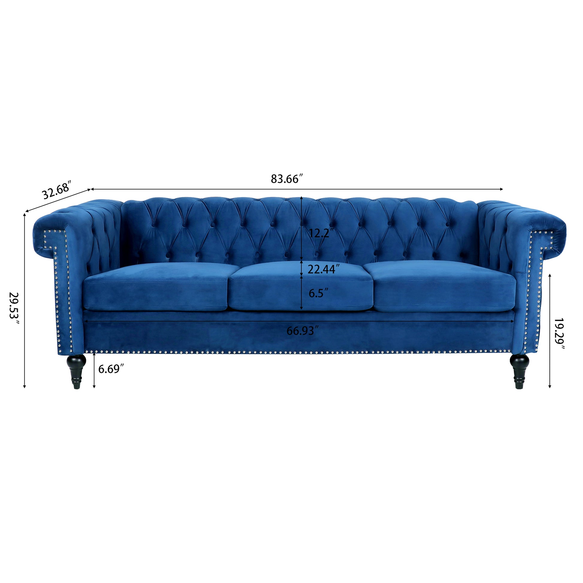 83.66 Inch Width Traditional Square Arm Removable Cushion 3 Seater Sofa Blue Polyester Fabric