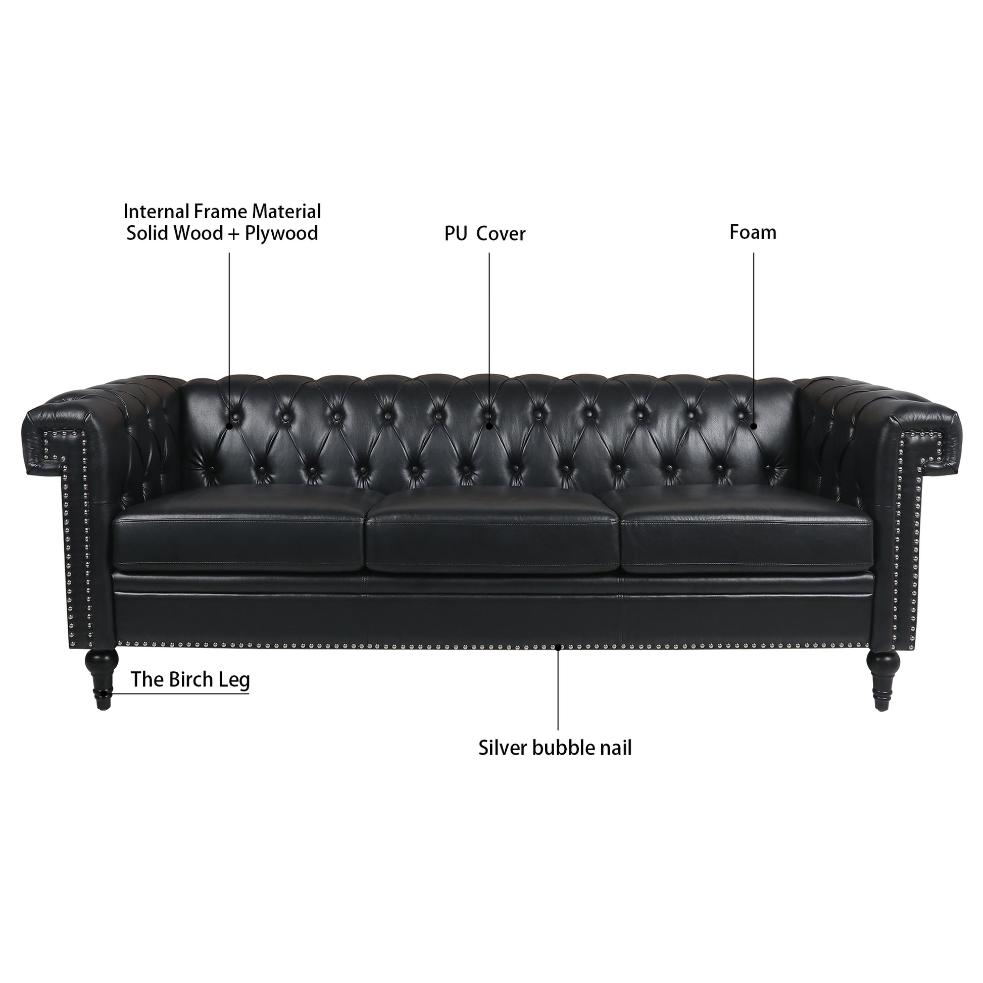 83.66 Inch Width Traditional Square Arm Removable Cushion 3 Seater Sofa Black Pu