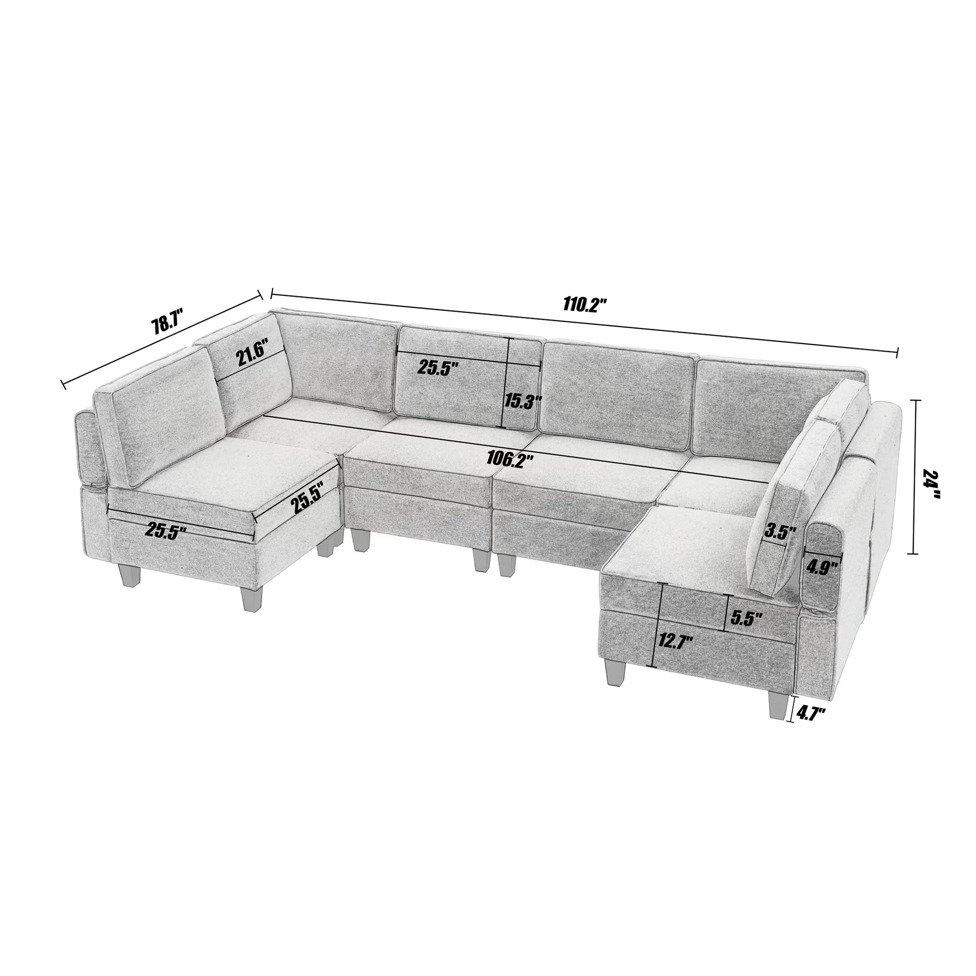 110.2"*78.7" Linen Modular Sectional Sofa,U Shaped Couch With Adjustable Armrests And Backrests,6 Seat Reversible Sofa Bed With Storage Seats For Living Room, Apartment,Grey White Color Gray White Matte Linen Wood Primary Living Space Medium Soft Cushion