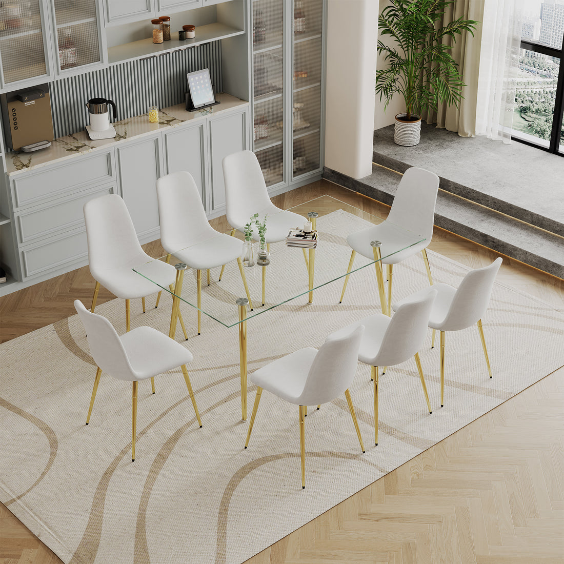 Dining Table Set Of 9, 0.32" Thick Tempered Glass Top Dining Table With Metal Legs And Eight Fabric Dining Chairs, Table Size: 62.99" L X 35.43" W X 29.92" H Gold Tempered Glass