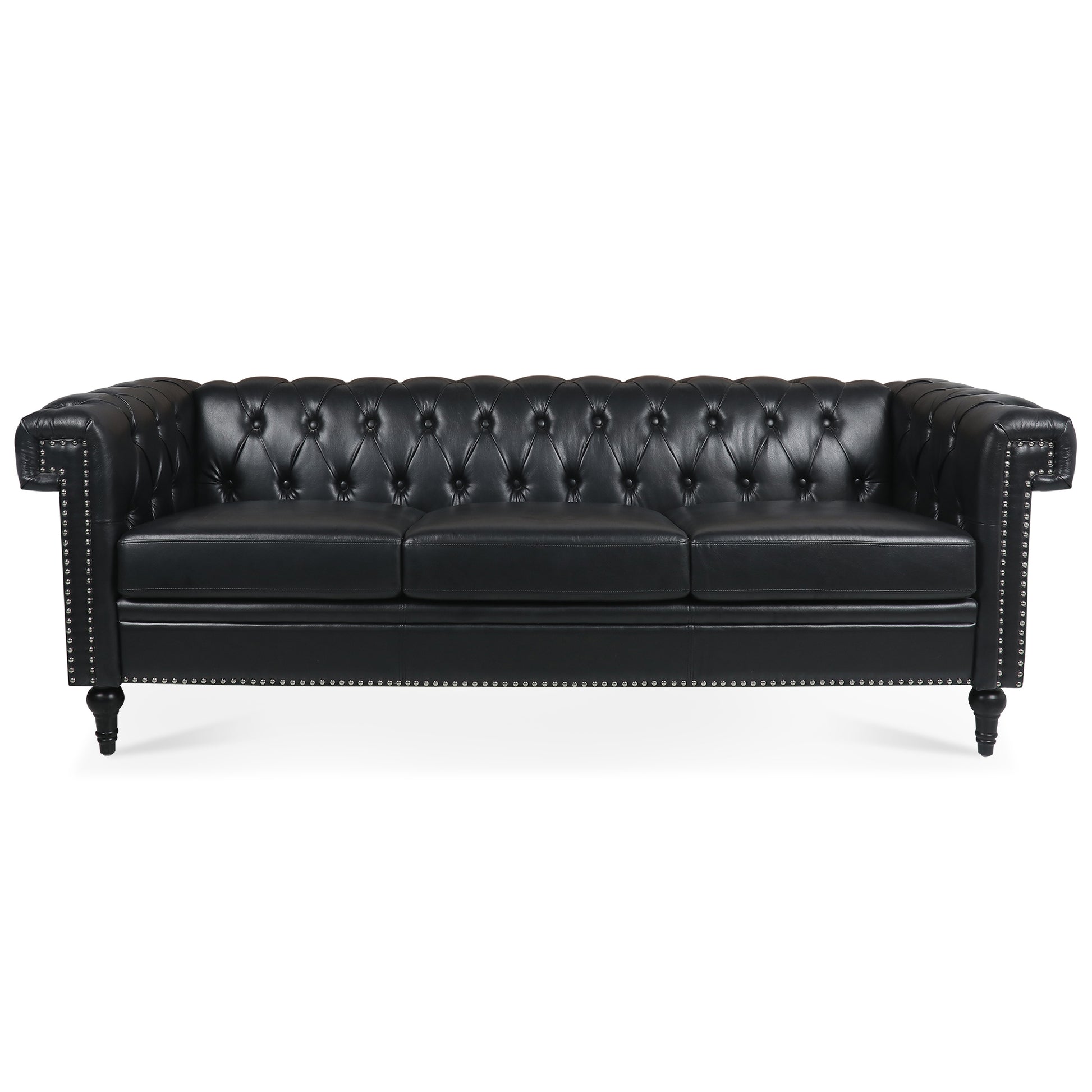 83.66 Inch Width Traditional Square Arm Removable Cushion 3 Seater Sofa Black Pu