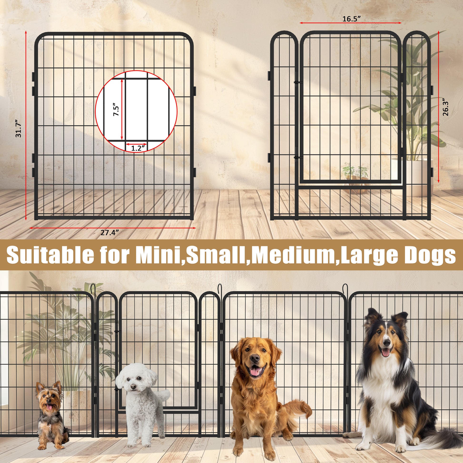 16 Panels Heavy Duty Metal Playpen With Door,31.7"H Dog Fence Pet Exercise Pen For Outdoor Black Metal