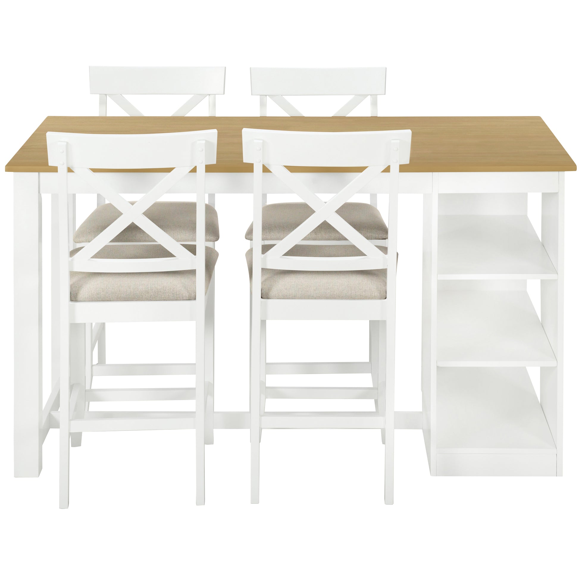 60"Lx30"W Solid Wood Farmhouse Counter Height Dining Table Set With 3 Tier Storage Shelves, Upholstered Dining Chairs For 4, 5 Piece, White Wood Dining Room Solid Wood Rubberwood Rectangular Dining Table With Chair Wood Wood Natural White Seats 4