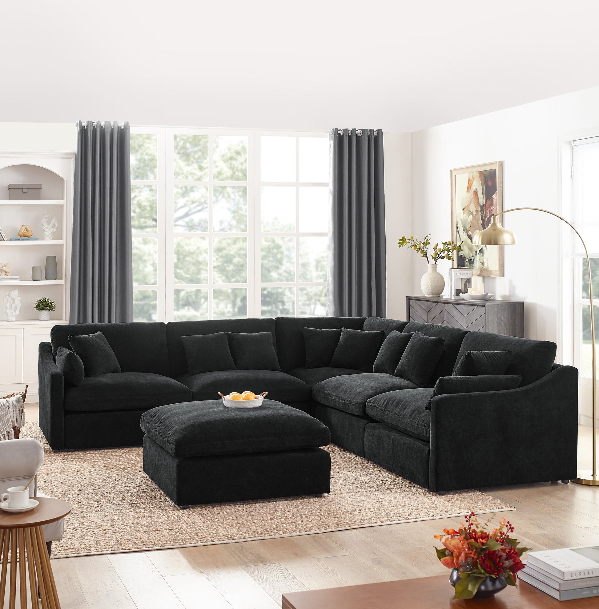 6 Seats Modular L Shaped Sectional Sofa With Ottoman,10 Pillows, Oversized Upholstered Couch W Removabled Down Filled Seat Cushion For Living Room, Chenille Black Black Chenille Wood Primary Living Space Soft Pillow Back Eucalyptus Square Arms Foam