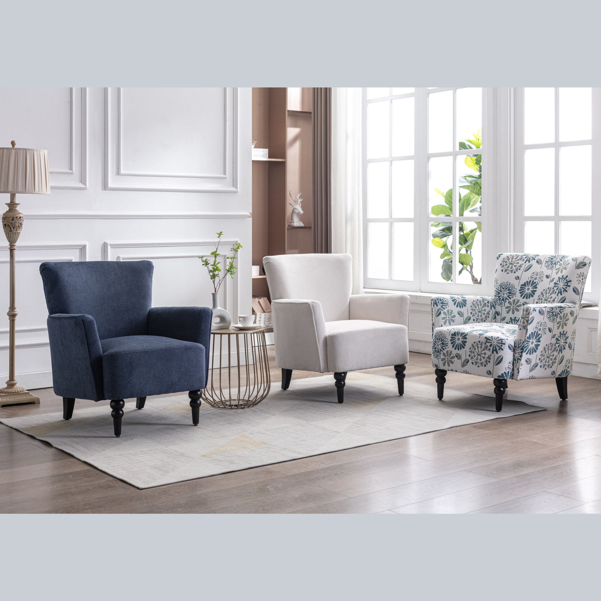 Armchair Modern Accent Sofa With Linen Surface,Leisure Chair With Solid Wood Feet For Living Room Bedroom Studio,White Blue White Line Primary Living Space Modern Upholstered Linen