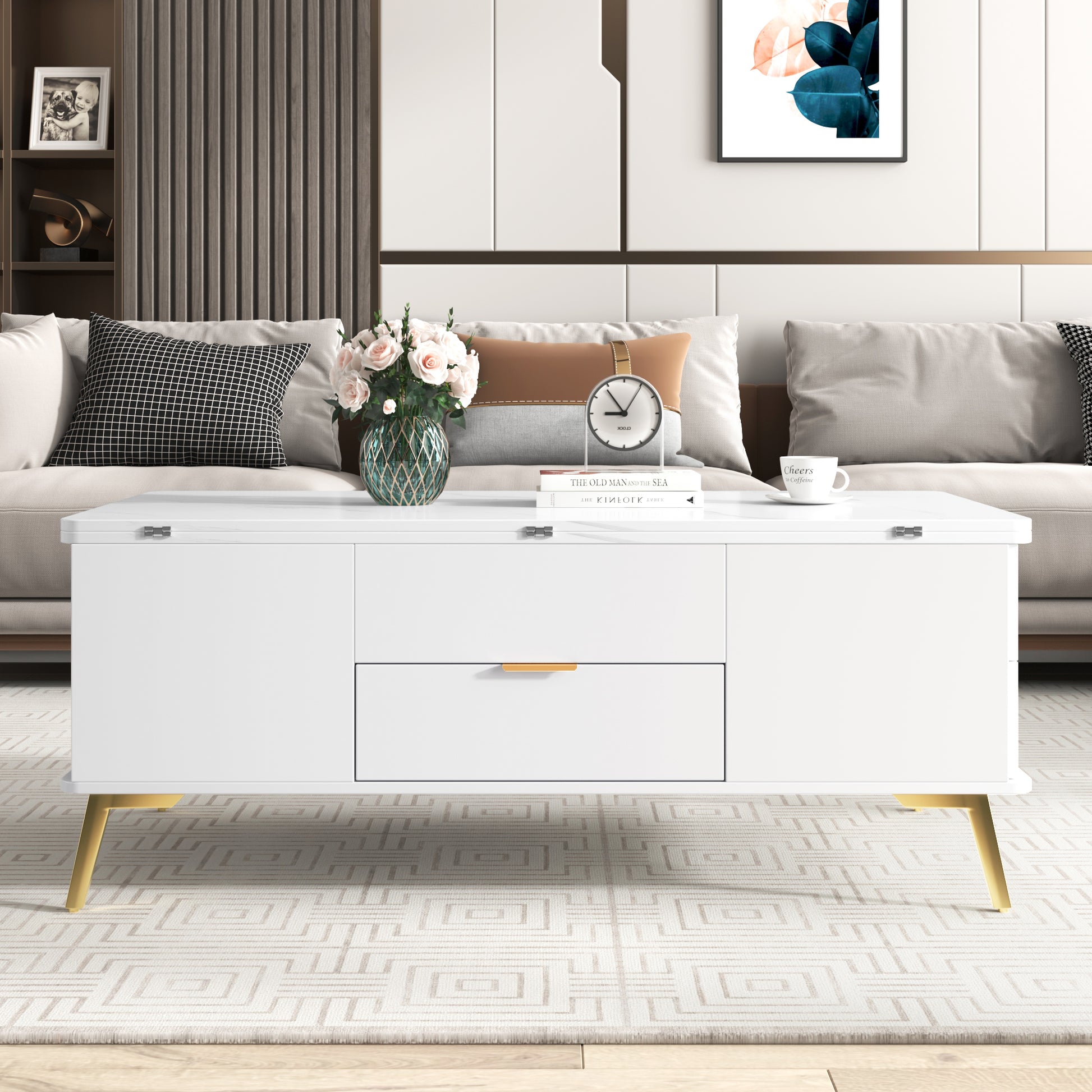 Modern Lift Top Coffee Table Multi Functional Table With Drawers In White White Mdf Steel