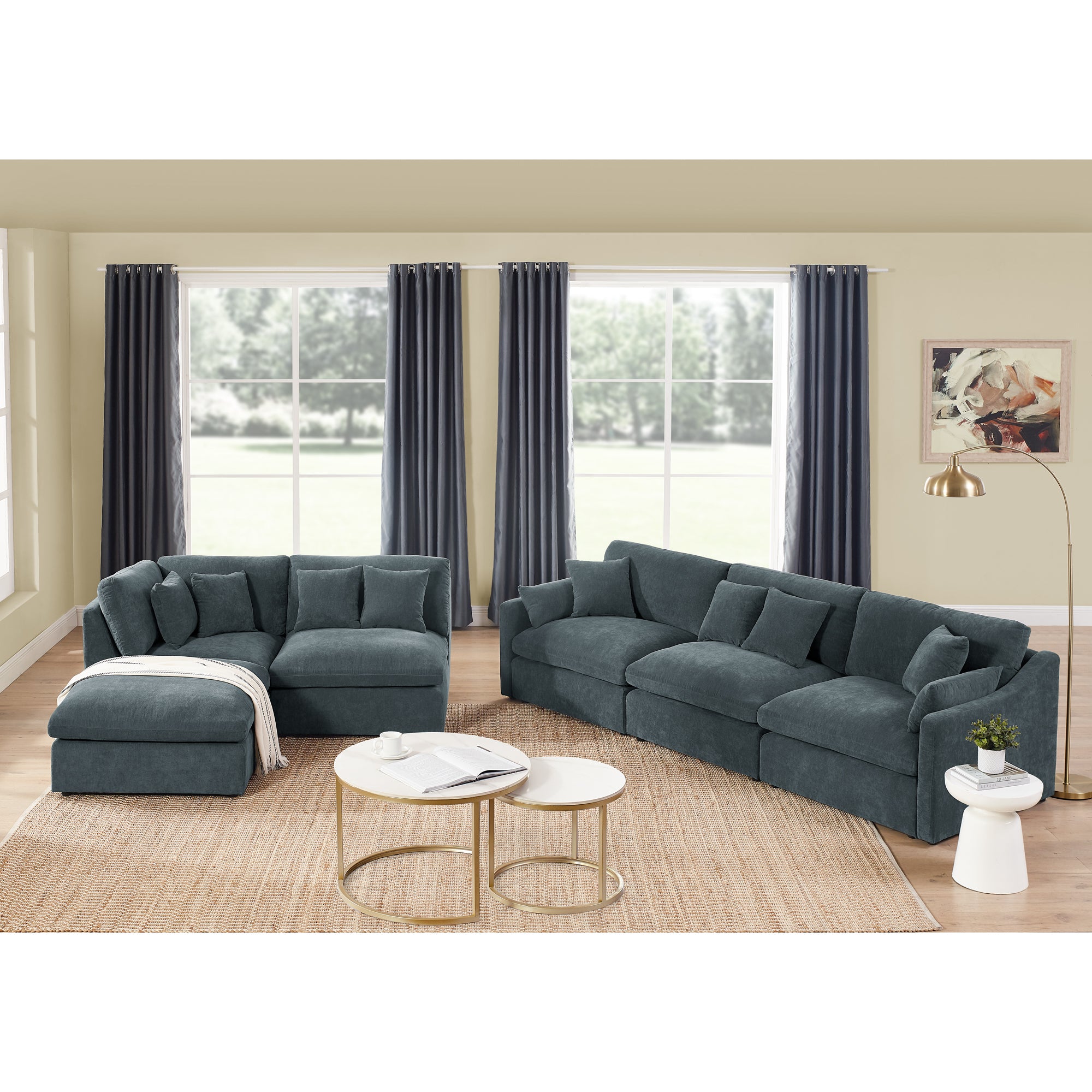 6 Seats Modular L Shaped Sectional Sofa with dark grey-chenille-wood-primary living