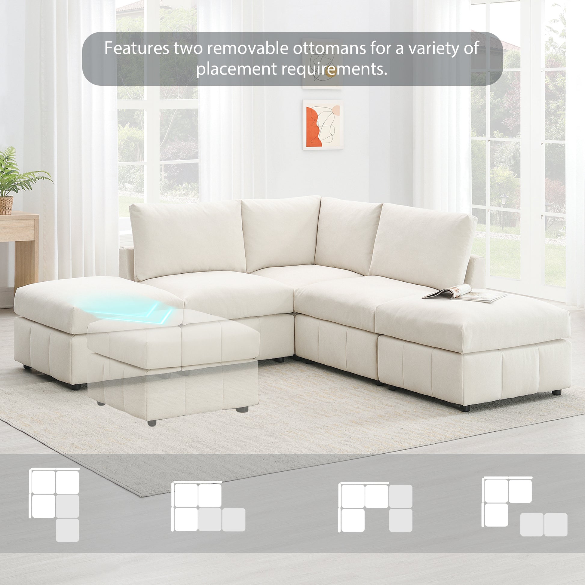 93"Modern Sectional Sofa With Vertical Stripes,5 Seat Armless Couch Set With Convertible Ottomans,Various Combinations,L Shape Indoor Furniture For Living Room,Apartment, 2 Colors Beige Fabric 5 Seat