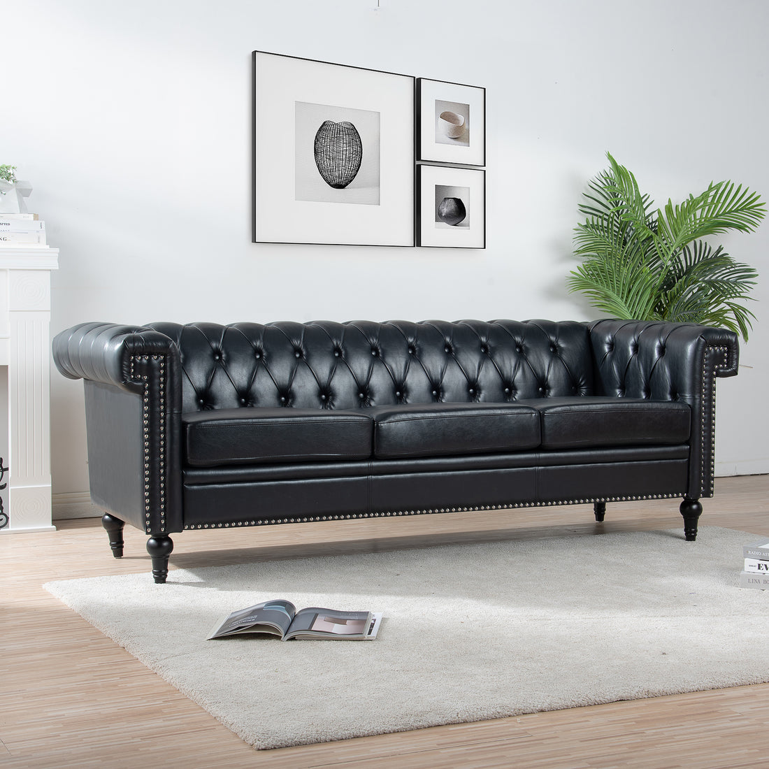 83.66 Inch Width Traditional Square Arm Removable Cushion 3 Seater Sofa Black Pu