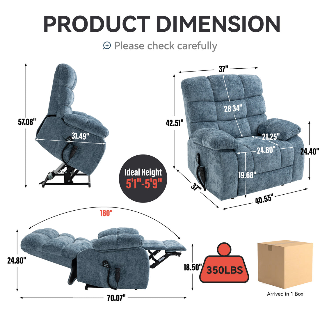 Lift Recliner Chair Heat Massage Dual Motor Infinite Position Up To 350 Lbs Large Electric Power Lift Recliners With Power Remote, Medium Firm And Heavy Duty, Blue White Metal Primary Living Space Heavy Duty Pine Blue Chenille Power Remote Medium Firm