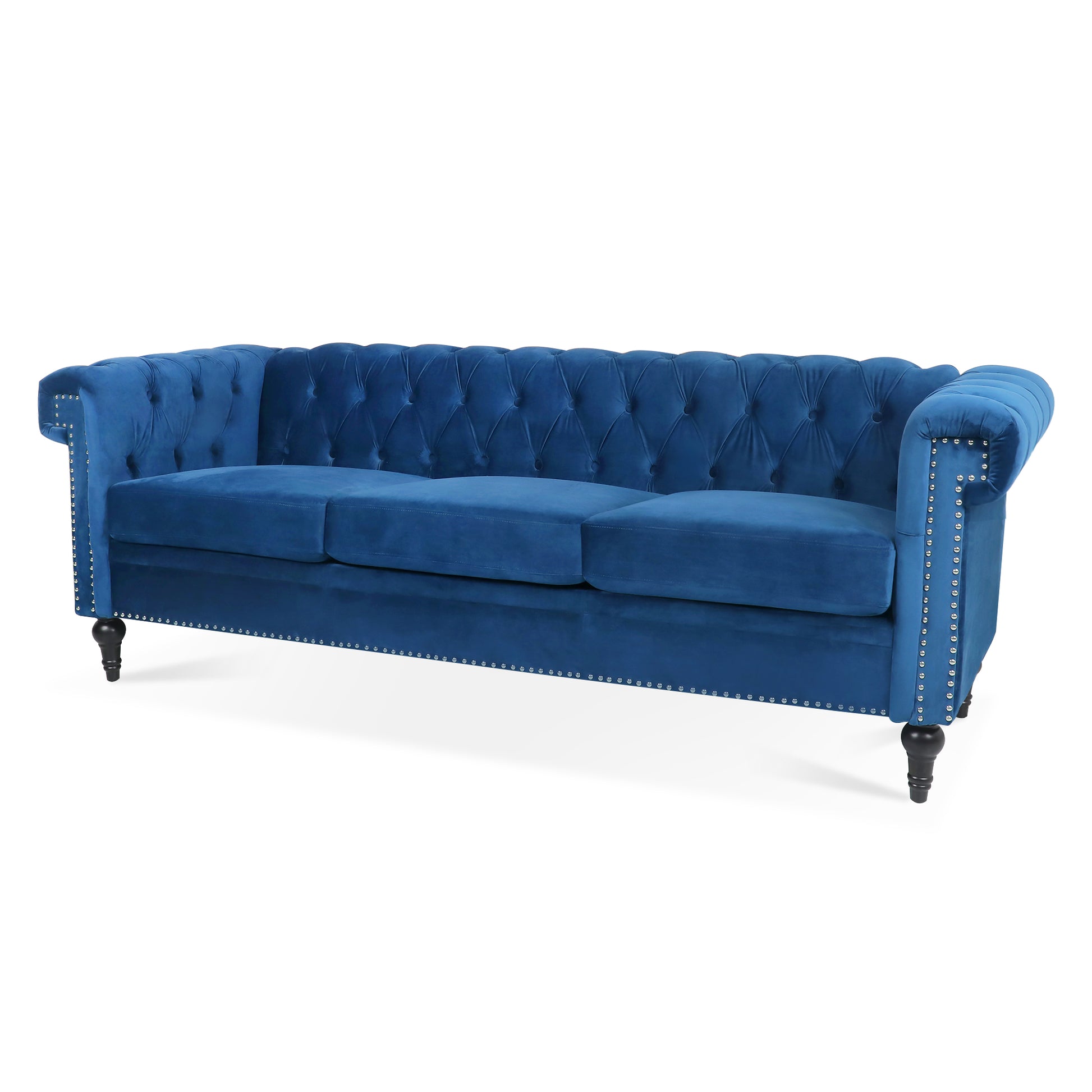 83.66 Inch Width Traditional Square Arm Removable Cushion 3 Seater Sofa Blue Polyester Fabric