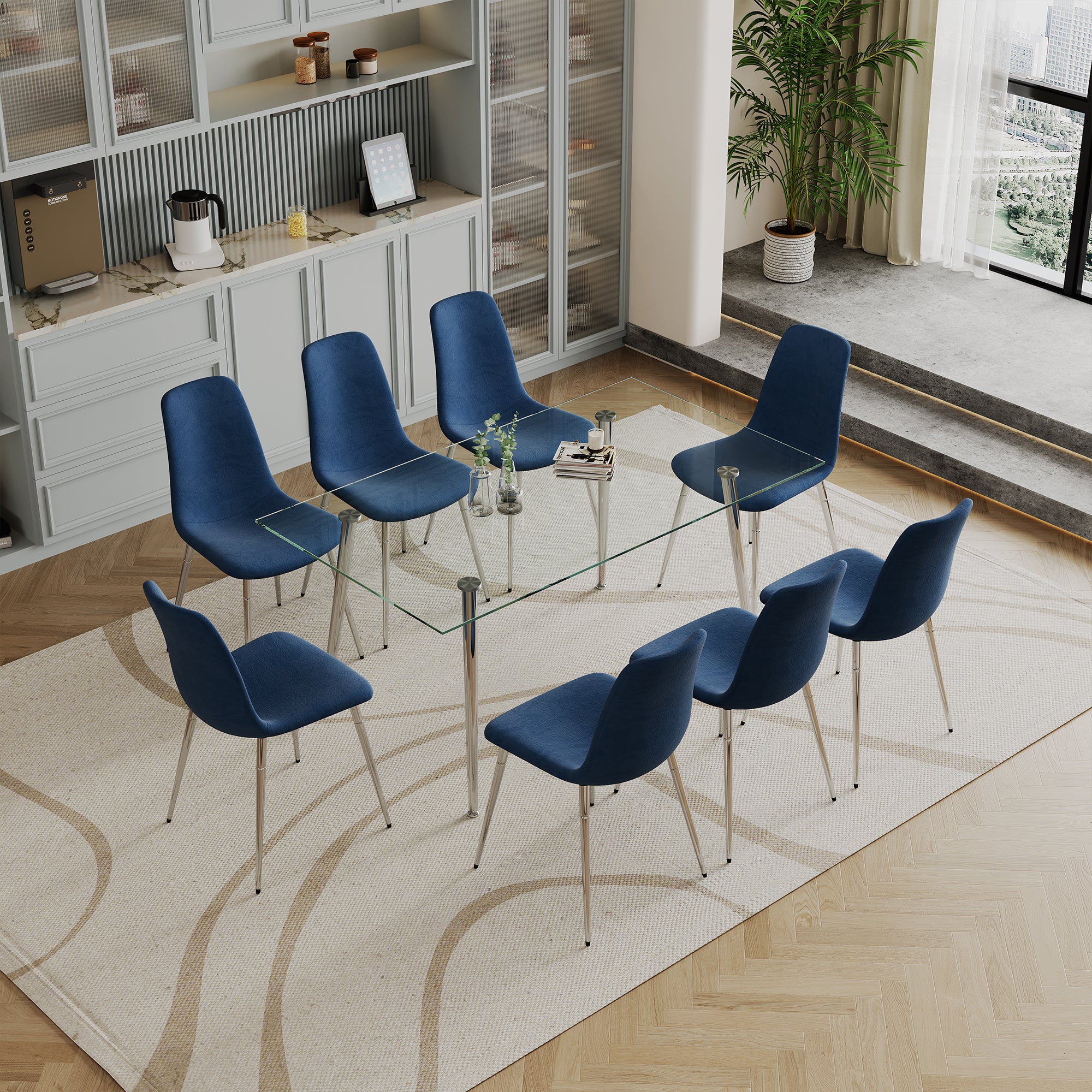 Dining Table Set Of 9, 0.32" Thick Tempered Glass Top Dining Table With Metal Legs And Eight Fabric Dining Chairs, Table Size: 62.99" L X 35.43" W X 29.92" H Silver Tempered Glass