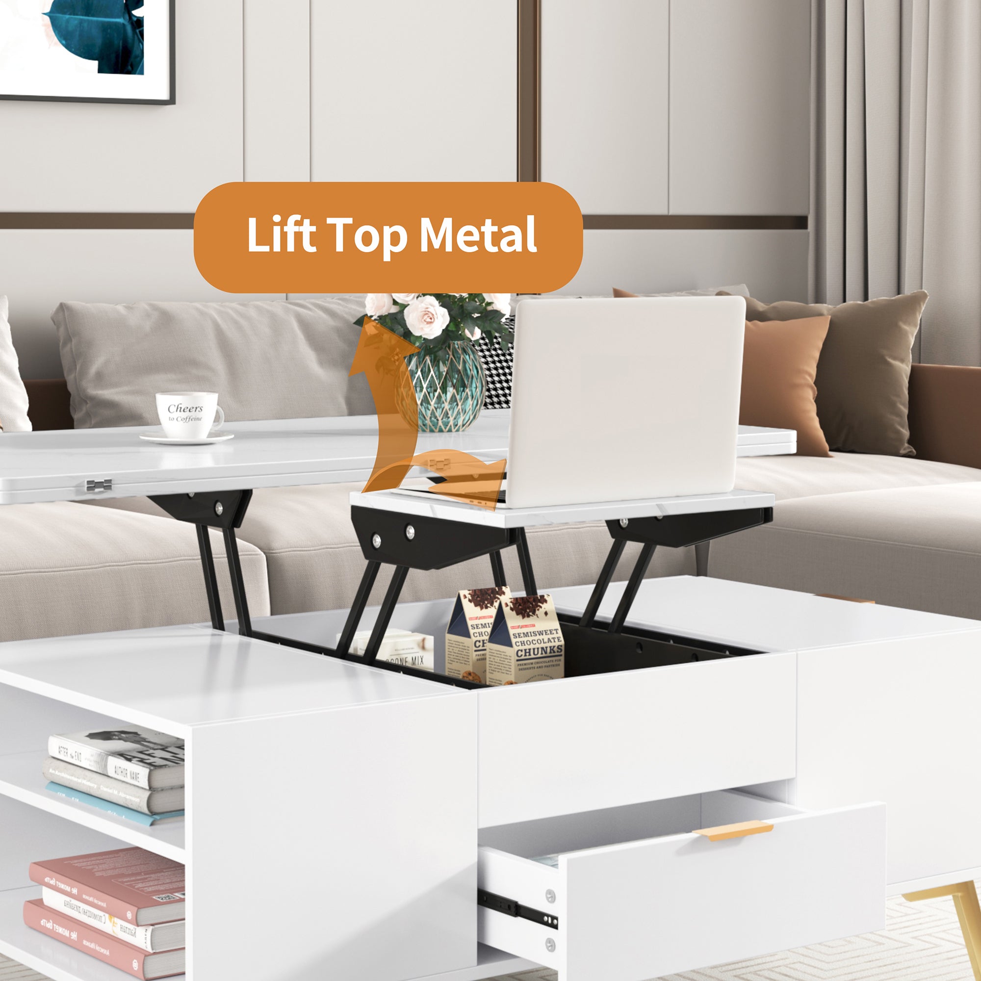 Modern Lift Top Coffee Table Multi Functional Table white-mdf+steel