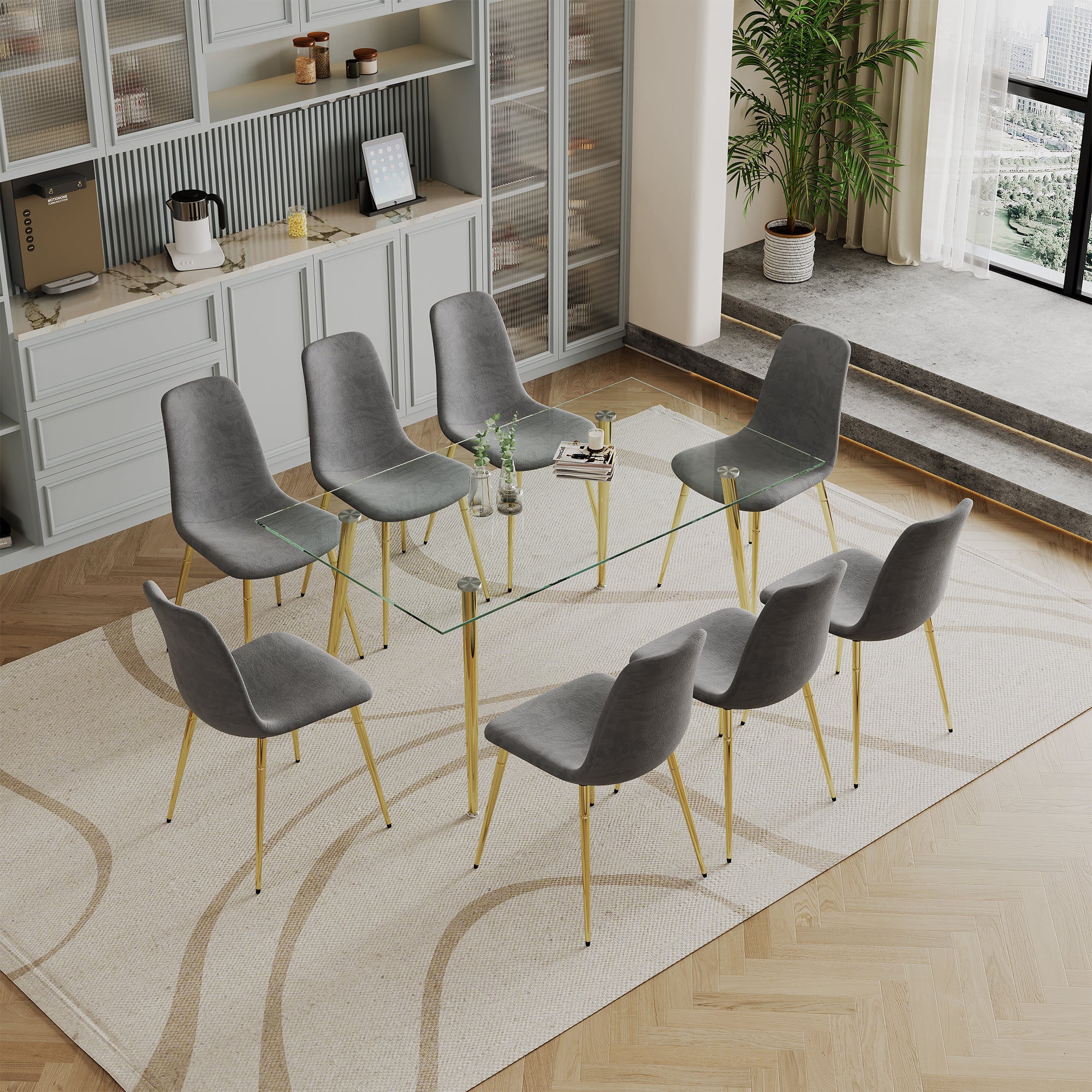 Dining Table Set Of 9, 0.32" Thick Tempered Glass Top Dining Table With Metal Legs And Eight Fabric Dining Chairs, Table Size: 62.99" L X 35.43" W X 29.92" H Gold Tempered Glass