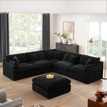 6 Seats Modular L Shaped Sectional Sofa With Ottoman,10 Pillows, Oversized Upholstered Couch W Removabled Down Filled Seat Cushion For Living Room, Chenille Black Black Chenille Wood Primary Living Space Soft Pillow Back Eucalyptus Square Arms Foam