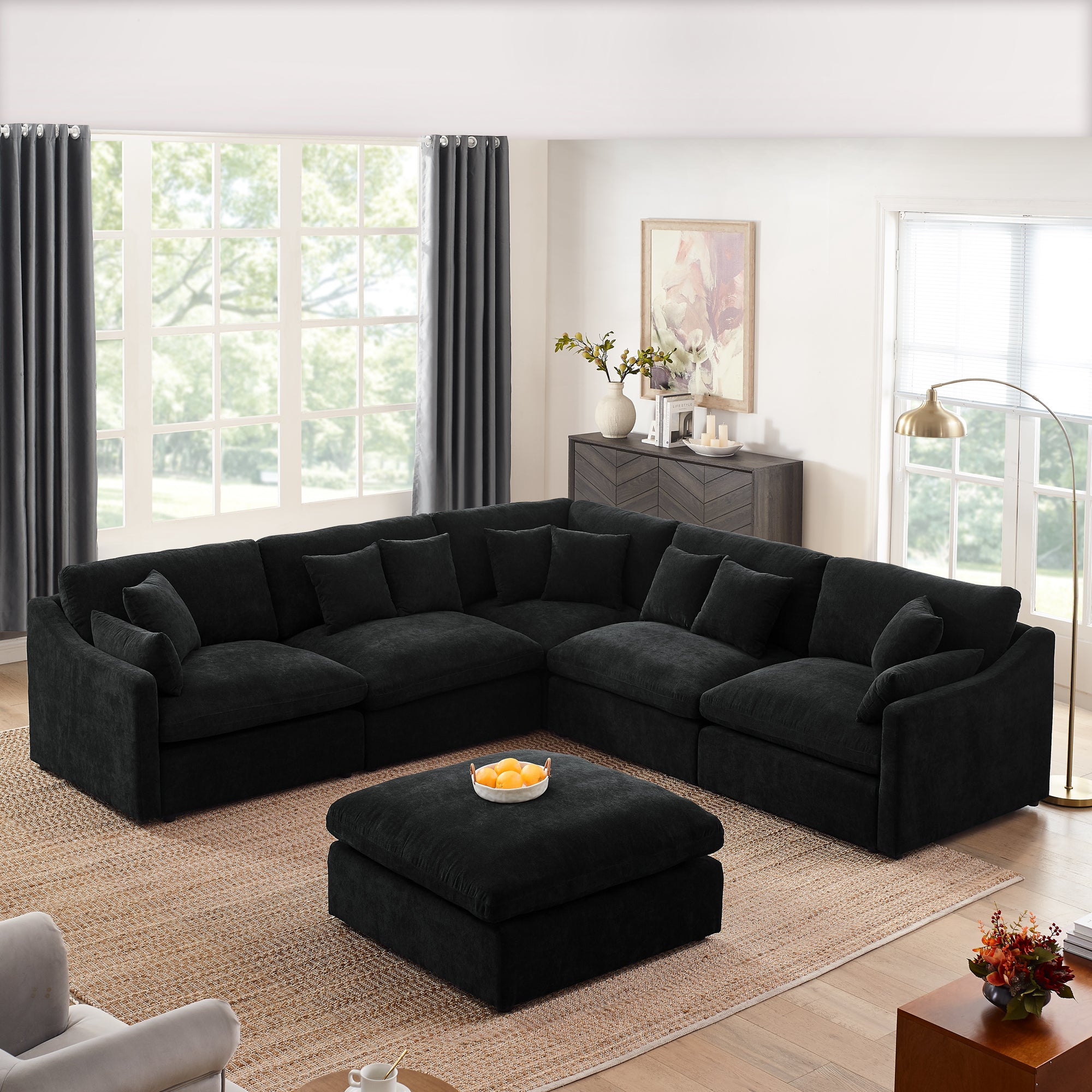 6 Seats Modular L Shaped Sectional Sofa with black-chenille-wood-primary living