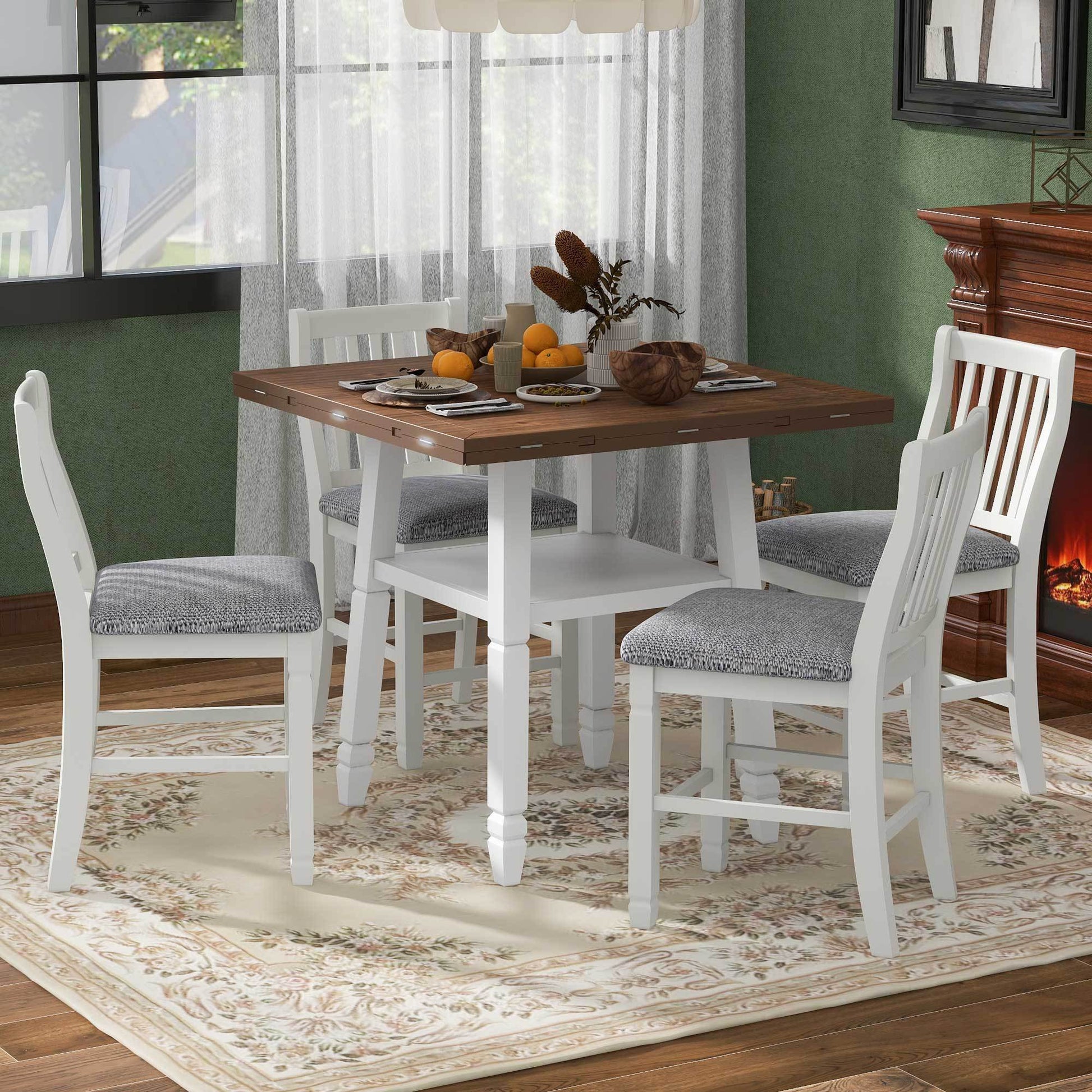 5 Piece Counter Height Dining Table Set In 2 Table Sizes With 4 Folding Leaves And 4 Upholstered Chairs For Dining Room Espresso White Gray Cushion Upholstered Chair Wood Espresso White Seats 4 Wood Dining Room Drop Leaf Folding American