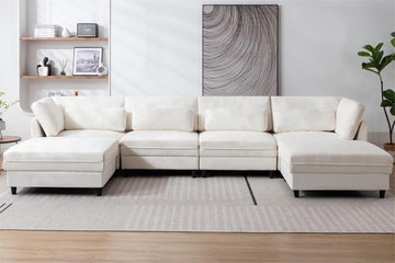 Oversized Modular Sectional Fabric Sofa Set With Waist Pillows, Extra Large U Shaped Couch With Reversible Chaise, 145 Inch Long, 6 Seat Modular Sofa With Ottamans Beige Light Brown Polyester Wood Primary Living Space Medium Soft Cushion Back Modern