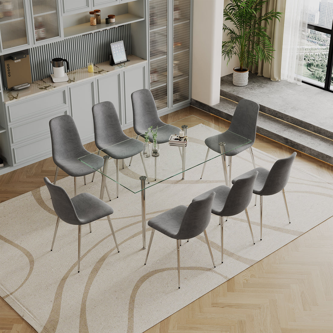 Dining Table Set Of 9, 0.32" Thick Tempered Glass Top Dining Table With Metal Legs And Eight Fabric Dining Chairs, Table Size: 62.99" L X 35.43" W X 29.92" H Silver Tempered Glass