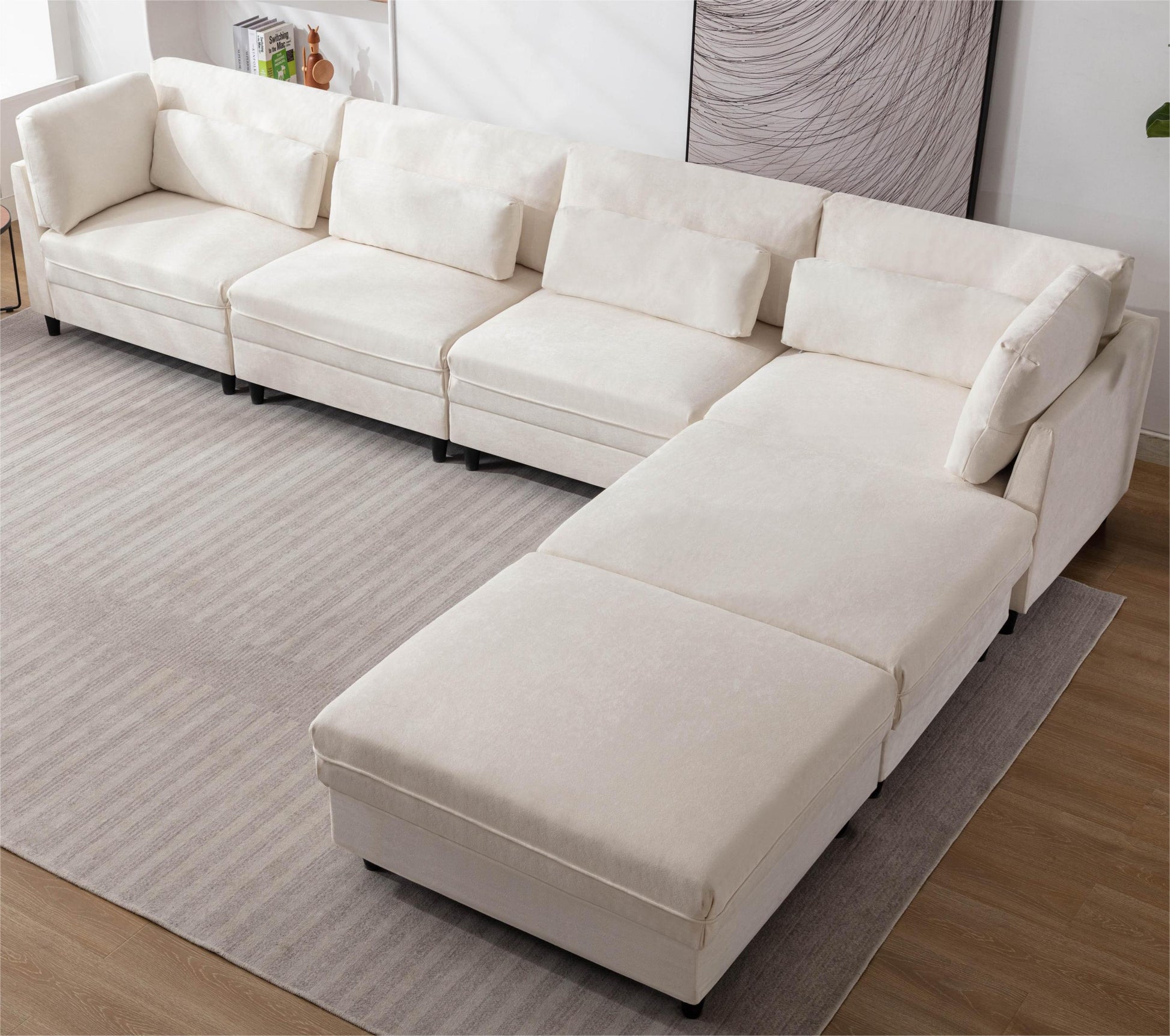 Oversized Modular Sectional Fabric Sofa Set With Waist Pillows, Extra Large U Shaped Couch With Reversible Chaise, 145 Inch Long, 6 Seat Modular Sofa With Ottamans Beige Light Brown Polyester Wood Primary Living Space Medium Soft Cushion Back Modern