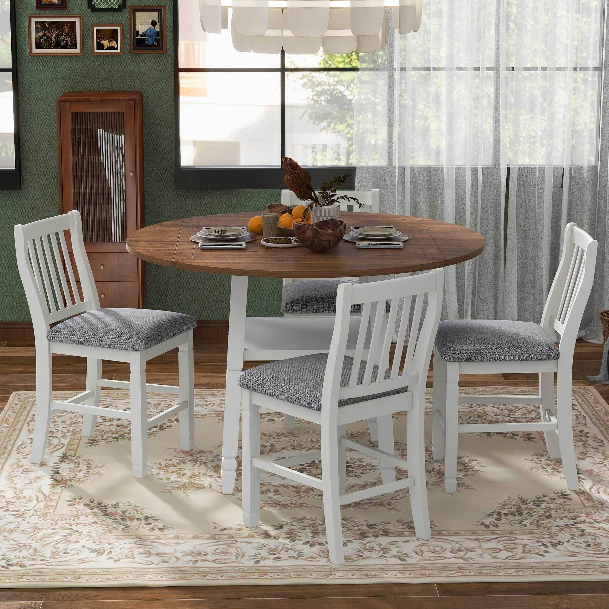 5 Piece Counter Height Dining Table Set In 2 Table Sizes With 4 Folding Leaves And 4 Upholstered Chairs For Dining Room Espresso White Gray Cushion Upholstered Chair Wood Espresso White Seats 4 Wood Dining Room Drop Leaf Folding American