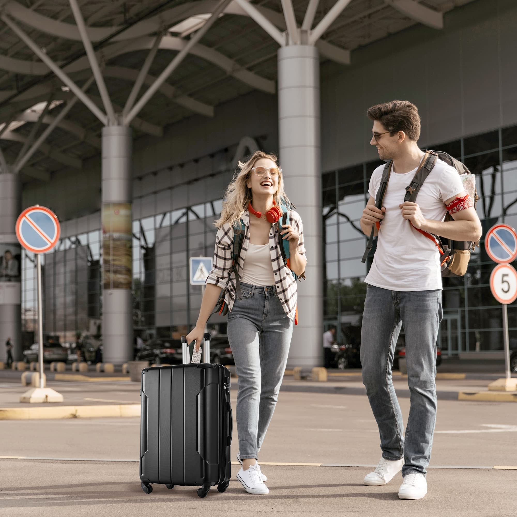 Hardside Luggage Sets 2 Piece Suitcase Set Expandable black-abs