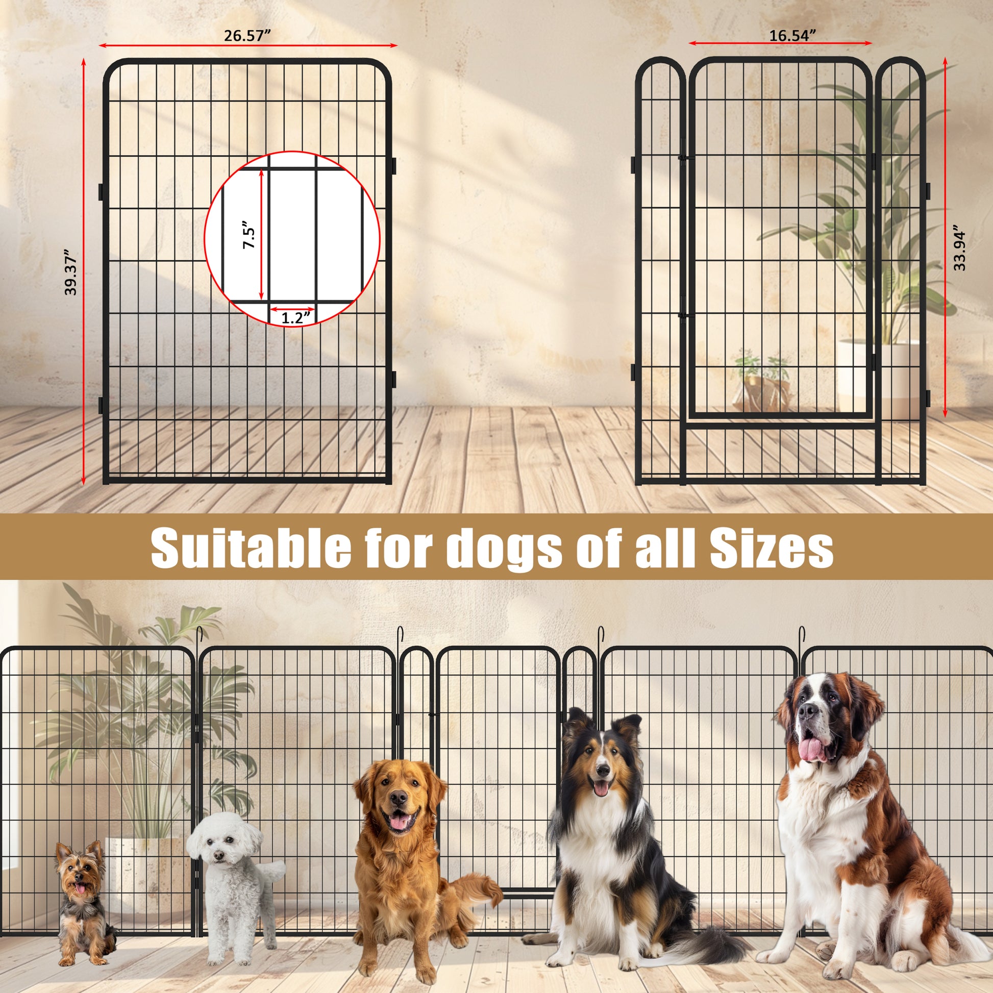 8 Panels Heavy Duty Metal Playpen With Door,39.37"H Dog Fence Pet Exercise Pen For Outdoor, Indoor Black Metal