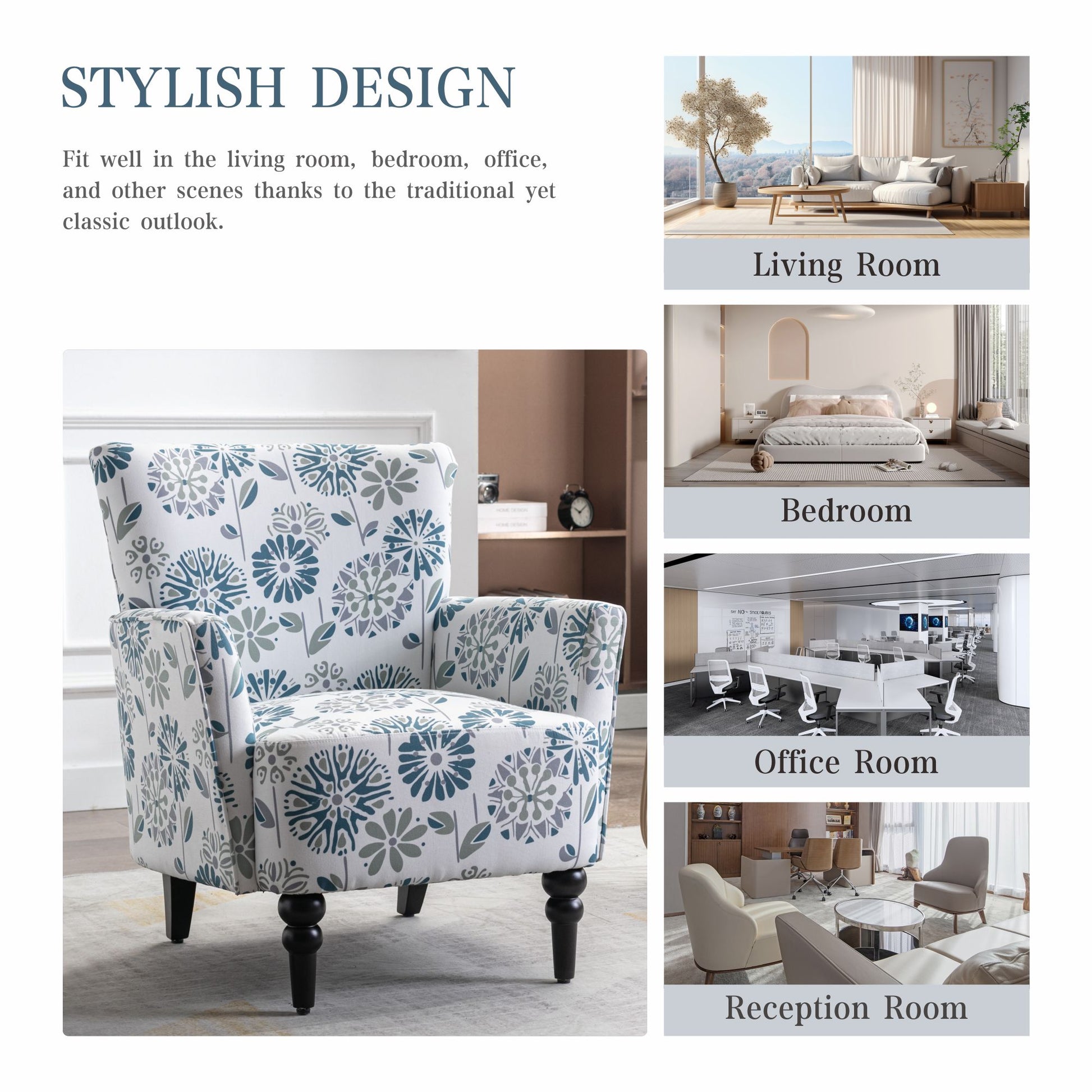 Armchair Modern Accent Sofa With Linen Surface,Leisure Chair With Solid Wood Feet For Living Room Bedroom Studio,White Blue White Line Primary Living Space Modern Upholstered Linen