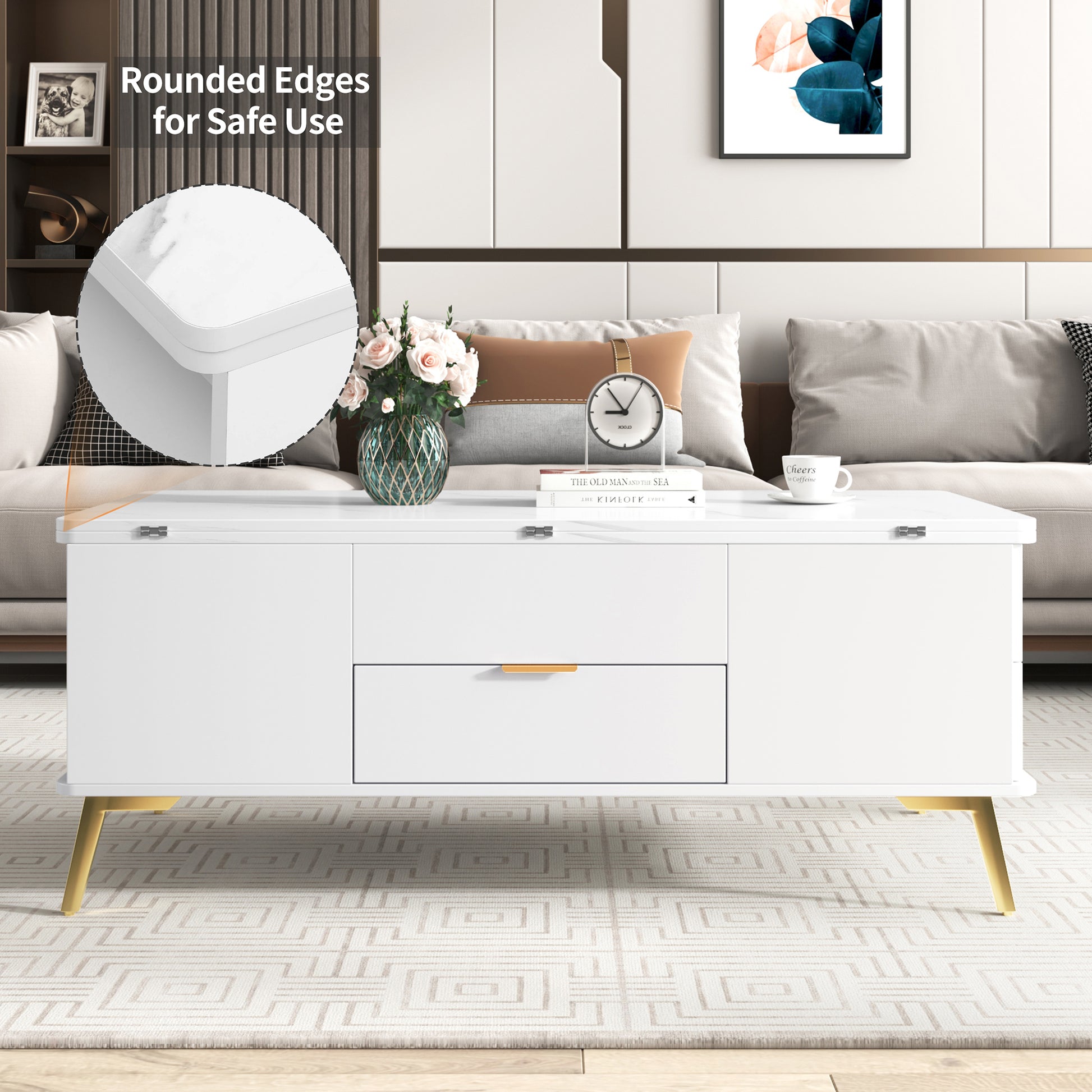 Modern Lift Top Coffee Table Multi Functional Table With Drawers In White White Mdf Steel