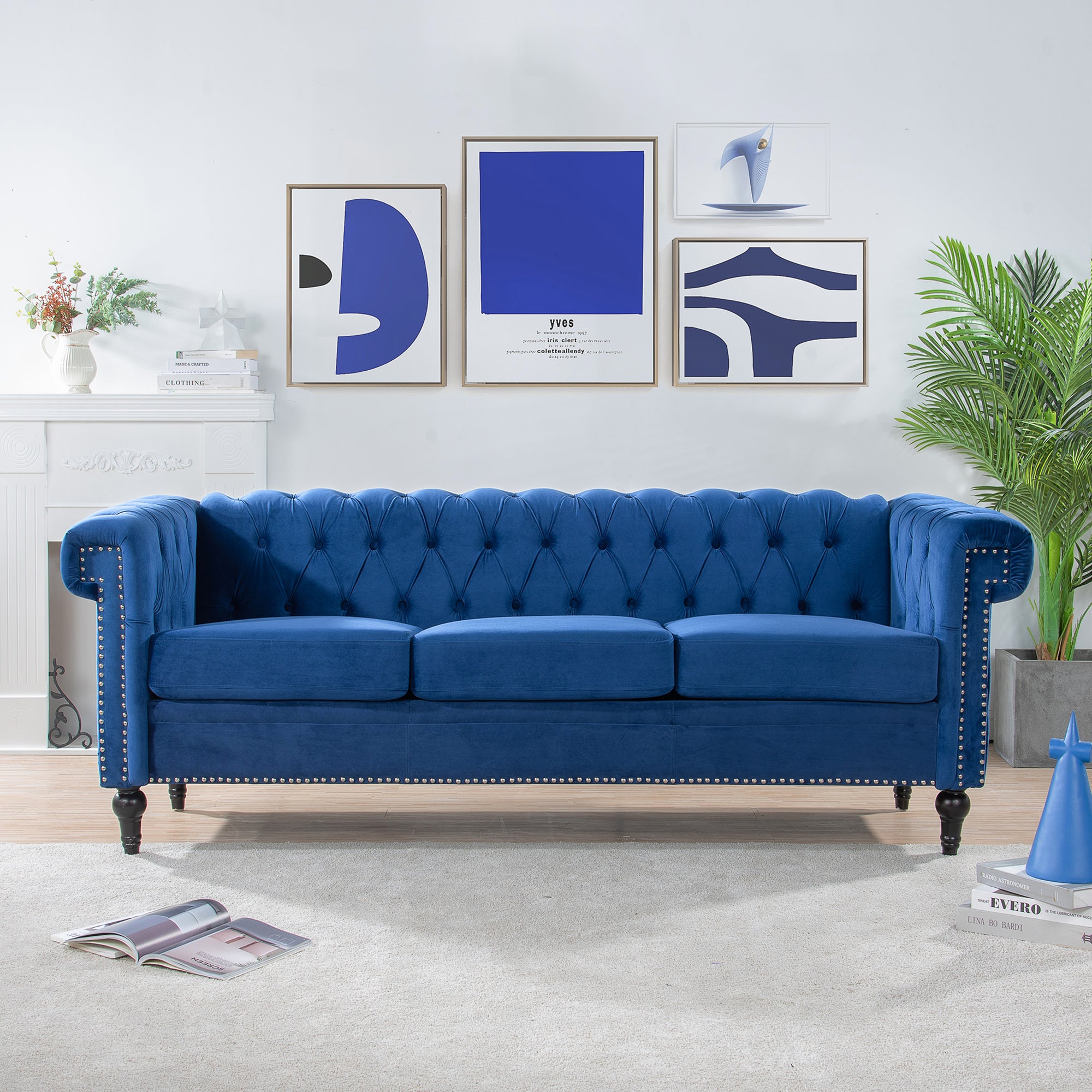 83.66 Inch Width Traditional Square Arm Removable Cushion 3 Seater Sofa Blue Polyester Fabric