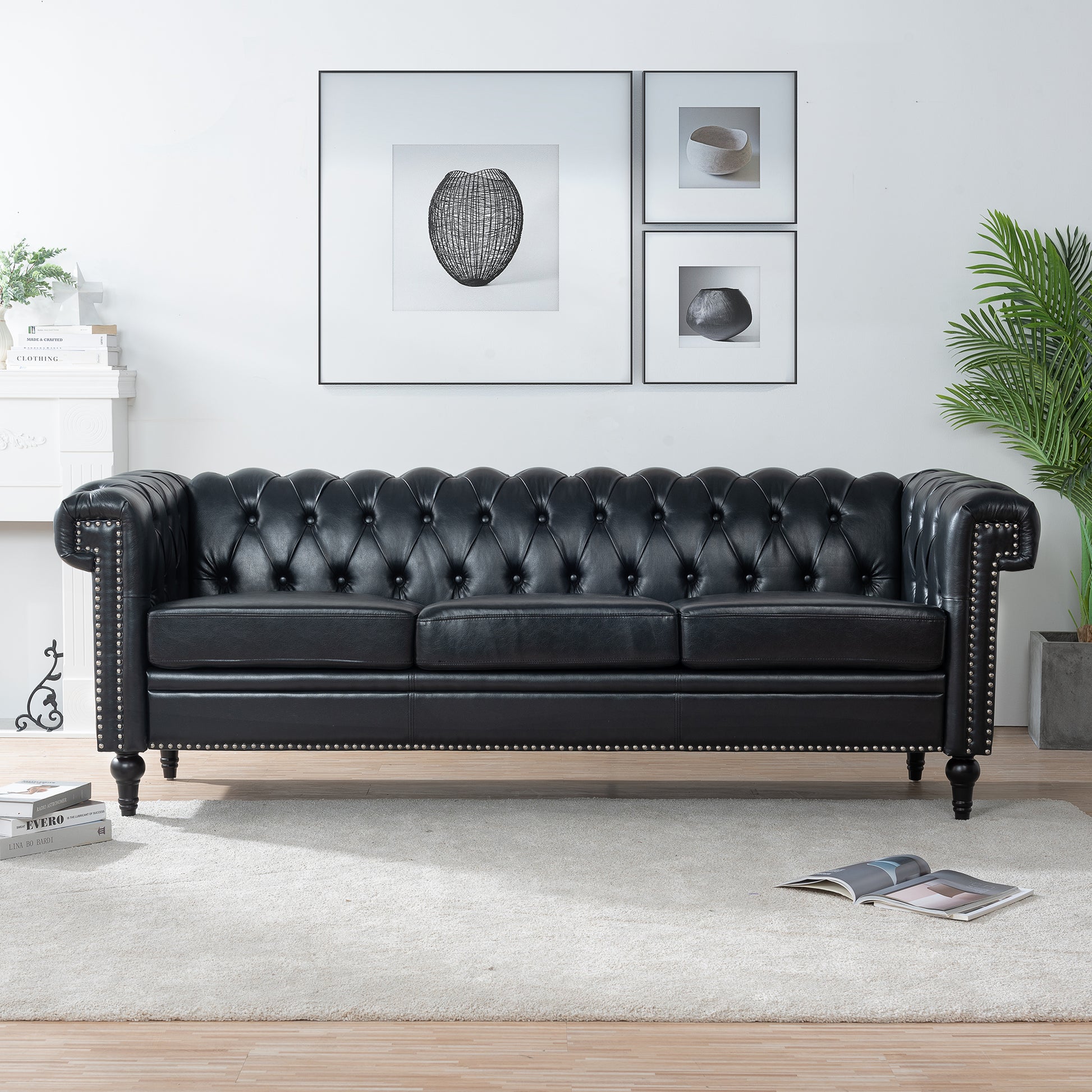 83.66 Inch Width Traditional Square Arm Removable Cushion 3 Seater Sofa Black Pu