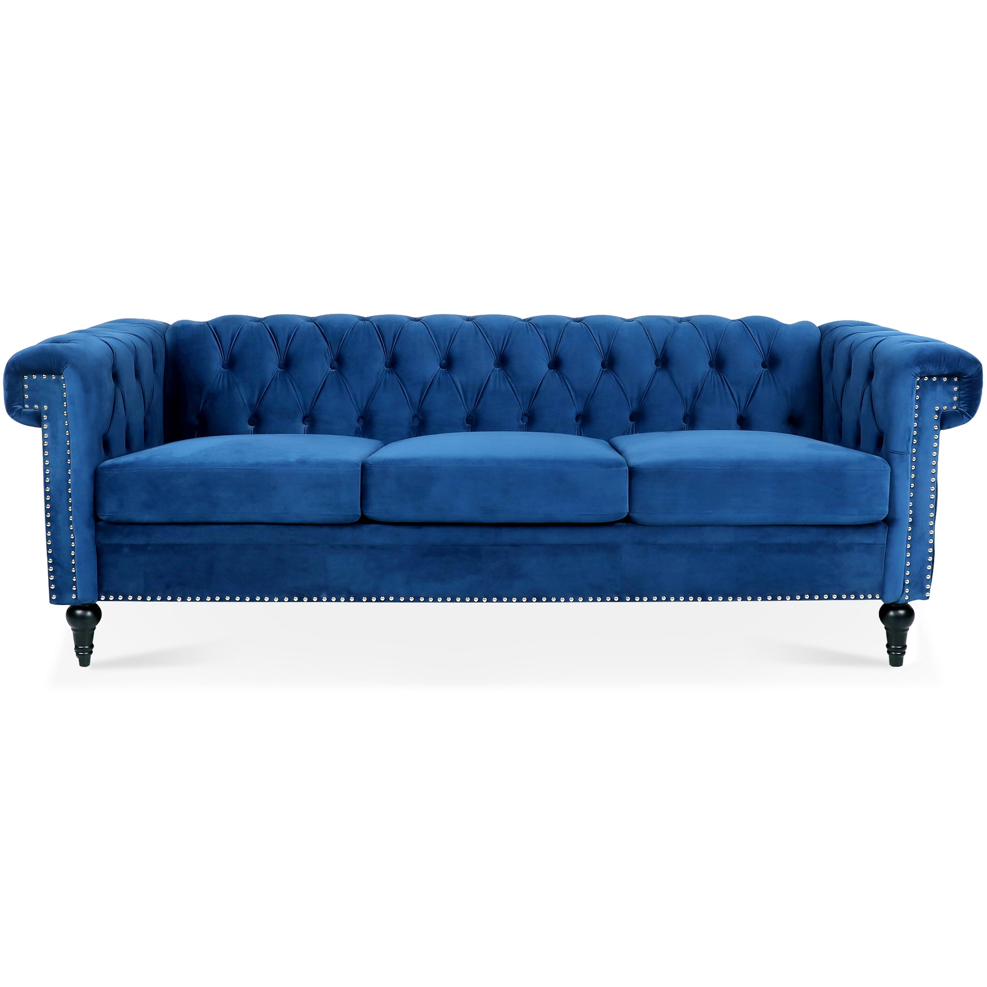 83.66 Inch Width Traditional Square Arm Removable Cushion 3 Seater Sofa Blue Polyester Fabric