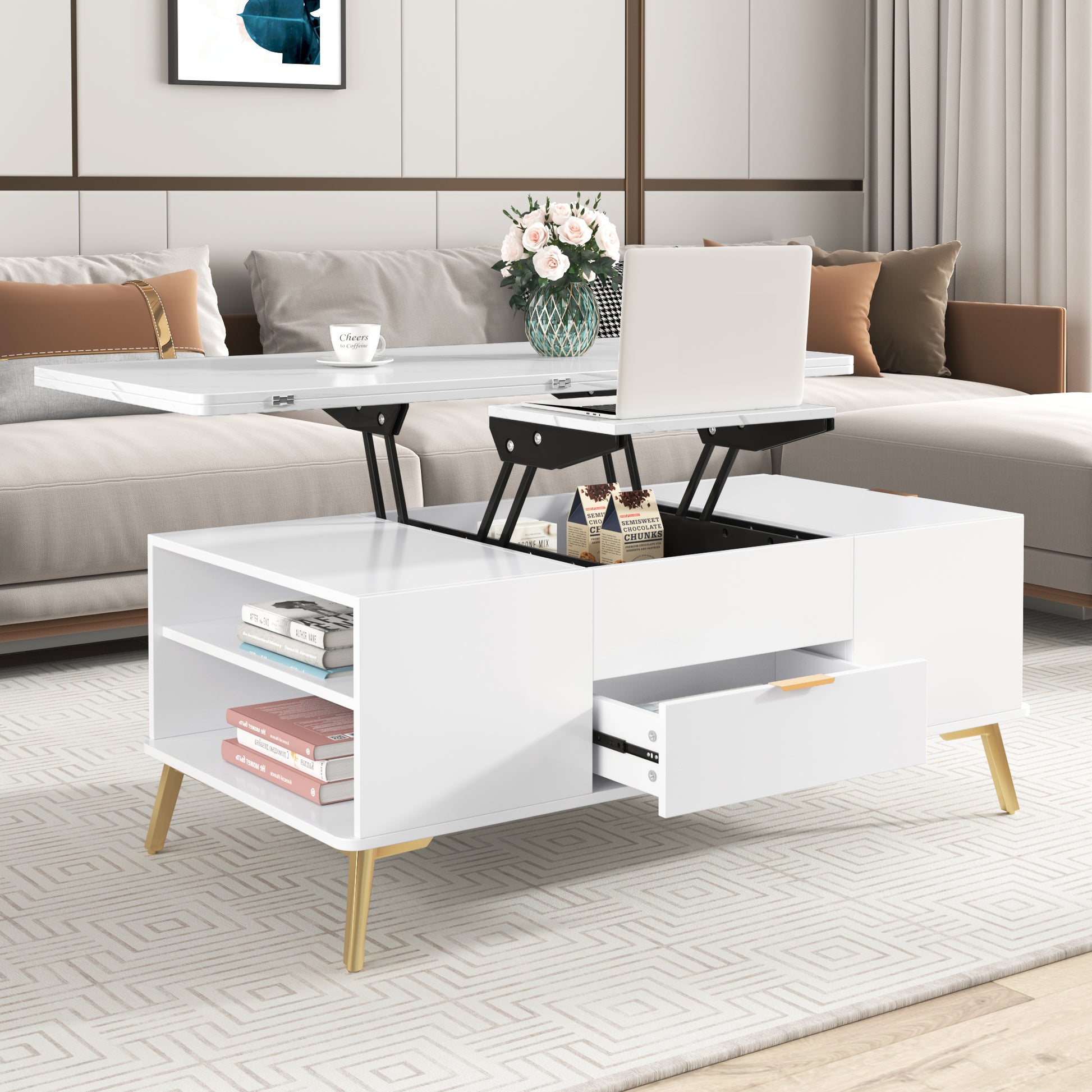 Modern Lift Top Coffee Table Multi Functional Table With Drawers In White White Mdf Steel