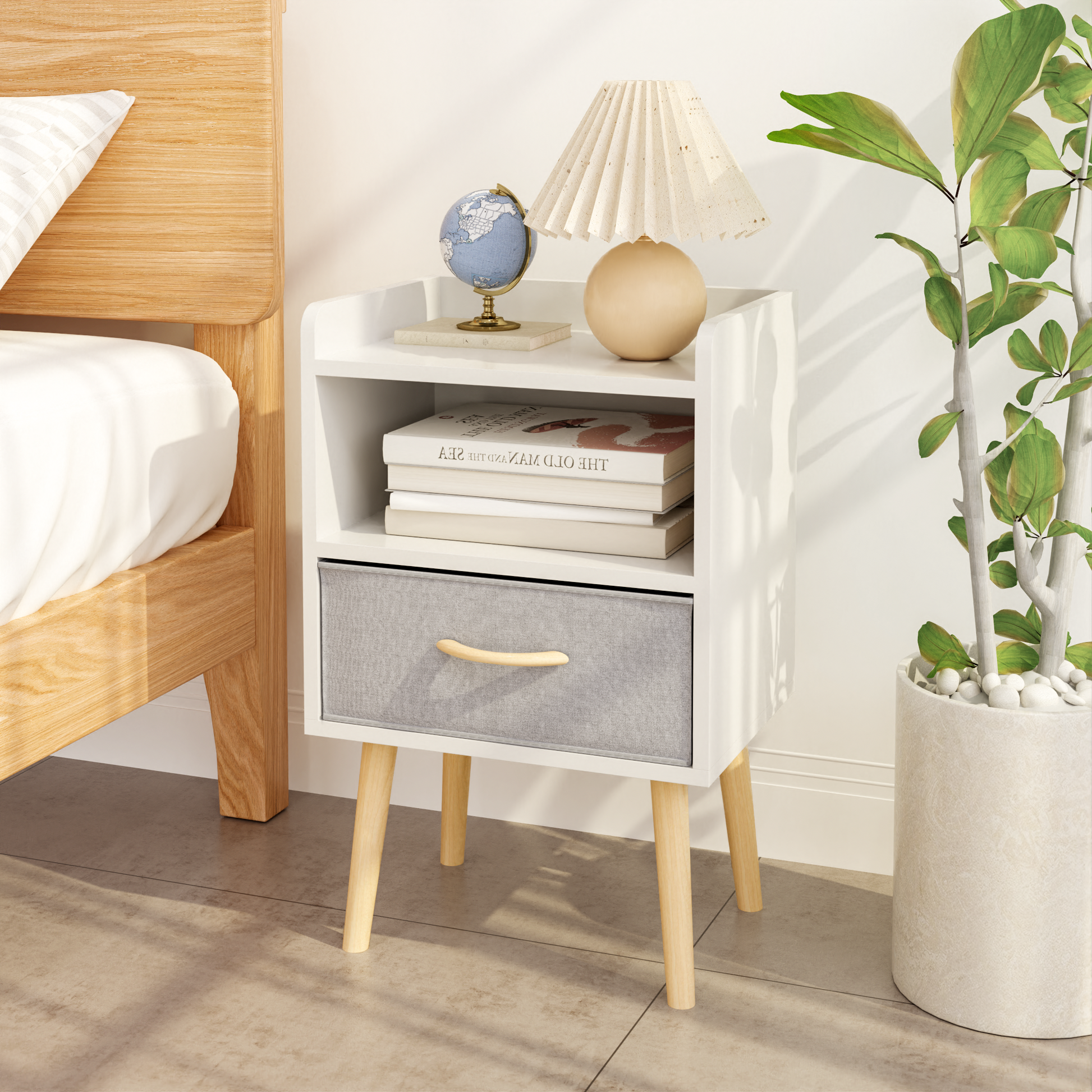 Nightstand With Collapsible Fabric Drawer, 2 Tier Storage End Table, Wood Side Table With Storage Cabinet For Bedroom, Living Room White White Engineered Wood