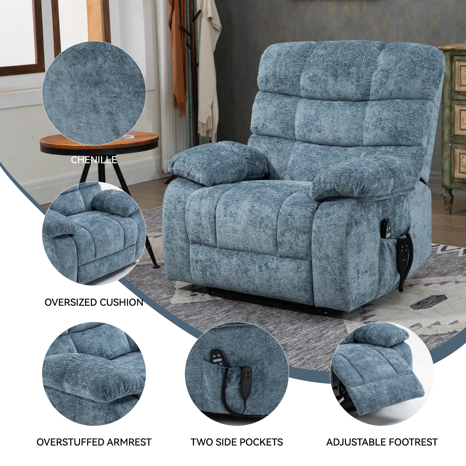 Lift Recliner Chair Heat Massage Dual Motor Infinite Position Up To 350 Lbs Large Electric Power Lift Recliners With Power Remote, Medium Firm And Heavy Duty, Blue White Metal Primary Living Space Heavy Duty Pine Blue Chenille Power Remote Medium Firm