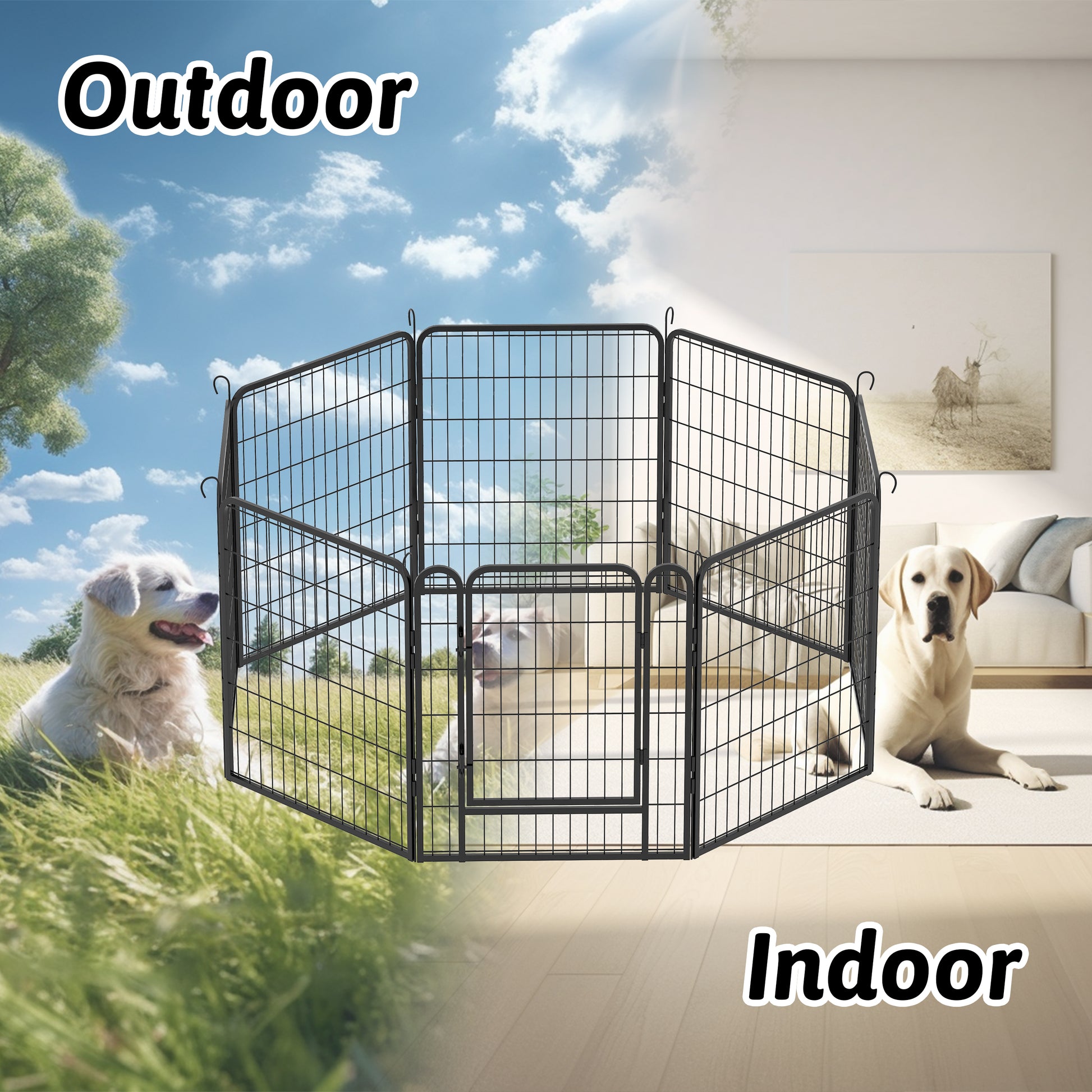 8 Panels Heavy Duty Metal Playpen With Door,31.7"H Dog Fence Pet Exercise Pen For Outdoor, Indoor Black Metal