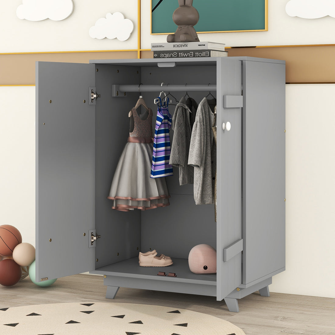 Wooden Wardrobe Cabinet With Hanging Rod, Storage Armoires With Doors,Gray Gray Solid Wood