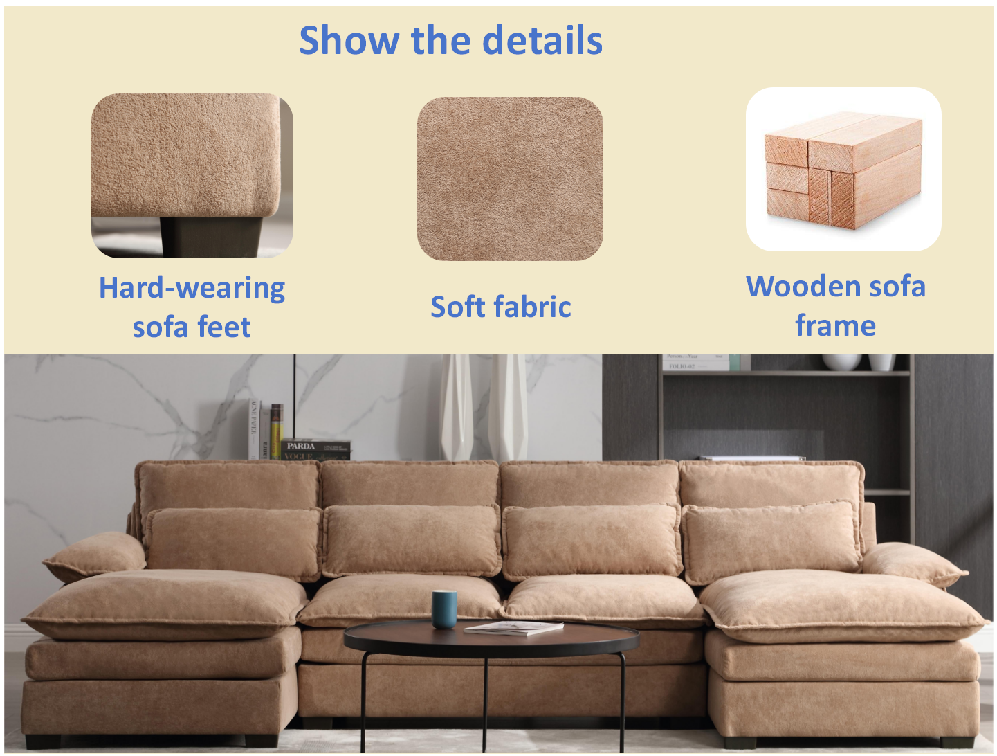 U Shaped Modular Sectional Sofa Couch, 6 Deap Seats brown-light brown-polyester-wood-primary living