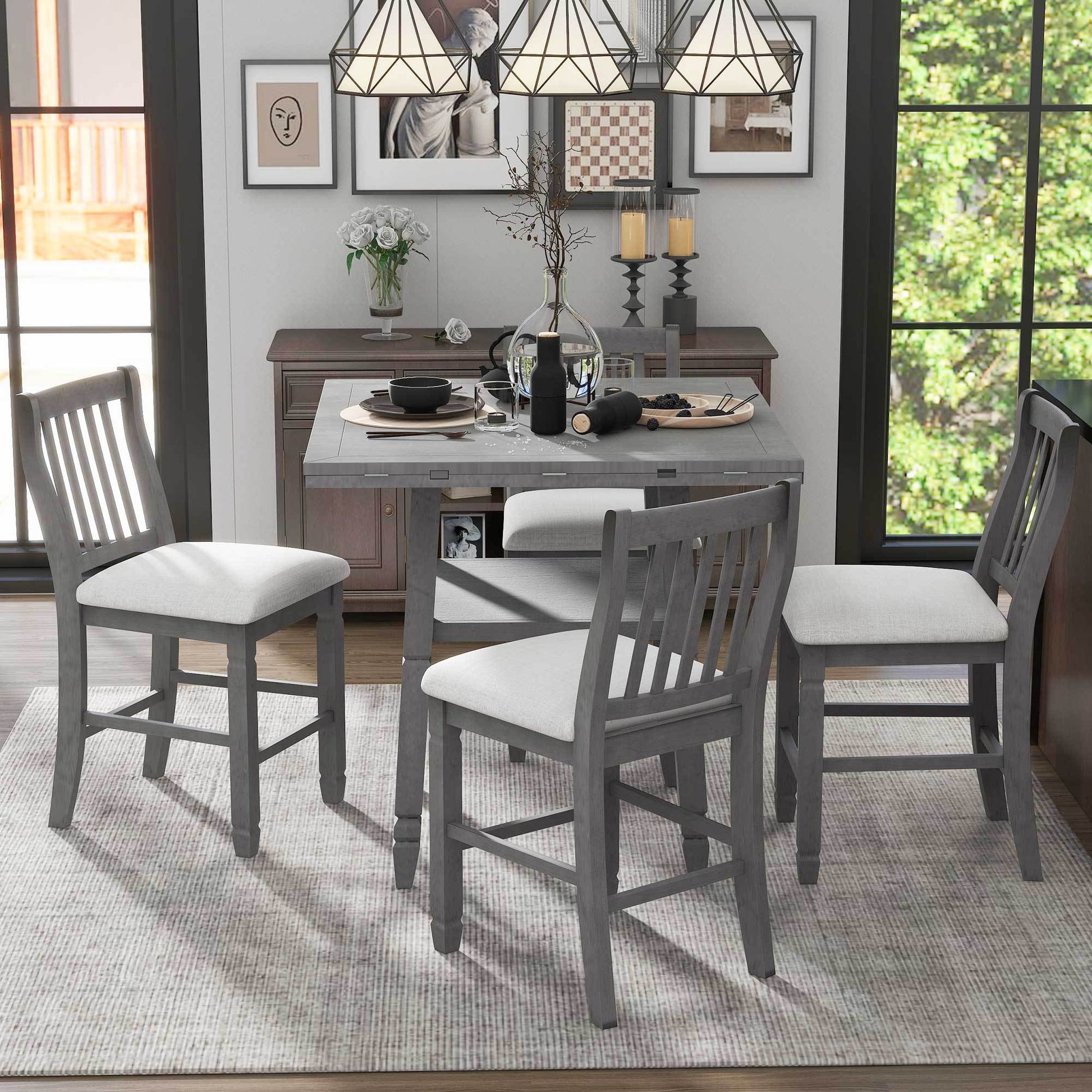 5 Piece Counter Height Dining Table Set In 2 Table Sizes With 4 Folding Leaves And 4 Upholstered Chairs For Dining Room Gray Beige Cushion Upholstered Chair Wood Gray Beige Seats 4 Wood Dining Room Drop Leaf Folding American Traditional,Antique Acacia 4