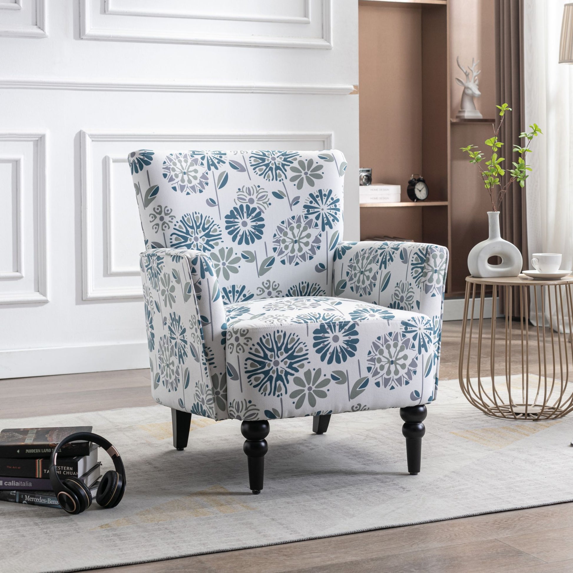 Armchair Modern Accent Sofa With Linen Surface,Leisure Chair With Solid Wood Feet For Living Room Bedroom Studio,White Blue White Line Primary Living Space Modern Upholstered Linen