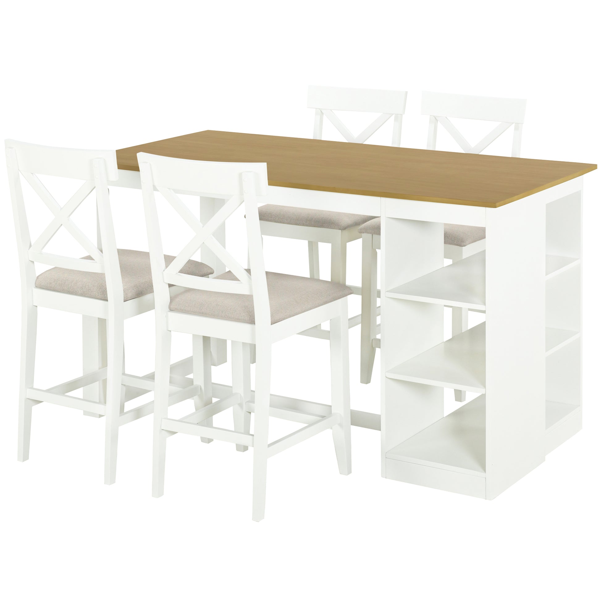 60"Lx30"W Solid Wood Farmhouse Counter Height Dining Table Set With 3 Tier Storage Shelves, Upholstered Dining Chairs For 4, 5 Piece, White Wood Dining Room Solid Wood Rubberwood Rectangular Dining Table With Chair Wood Wood Natural White Seats 4