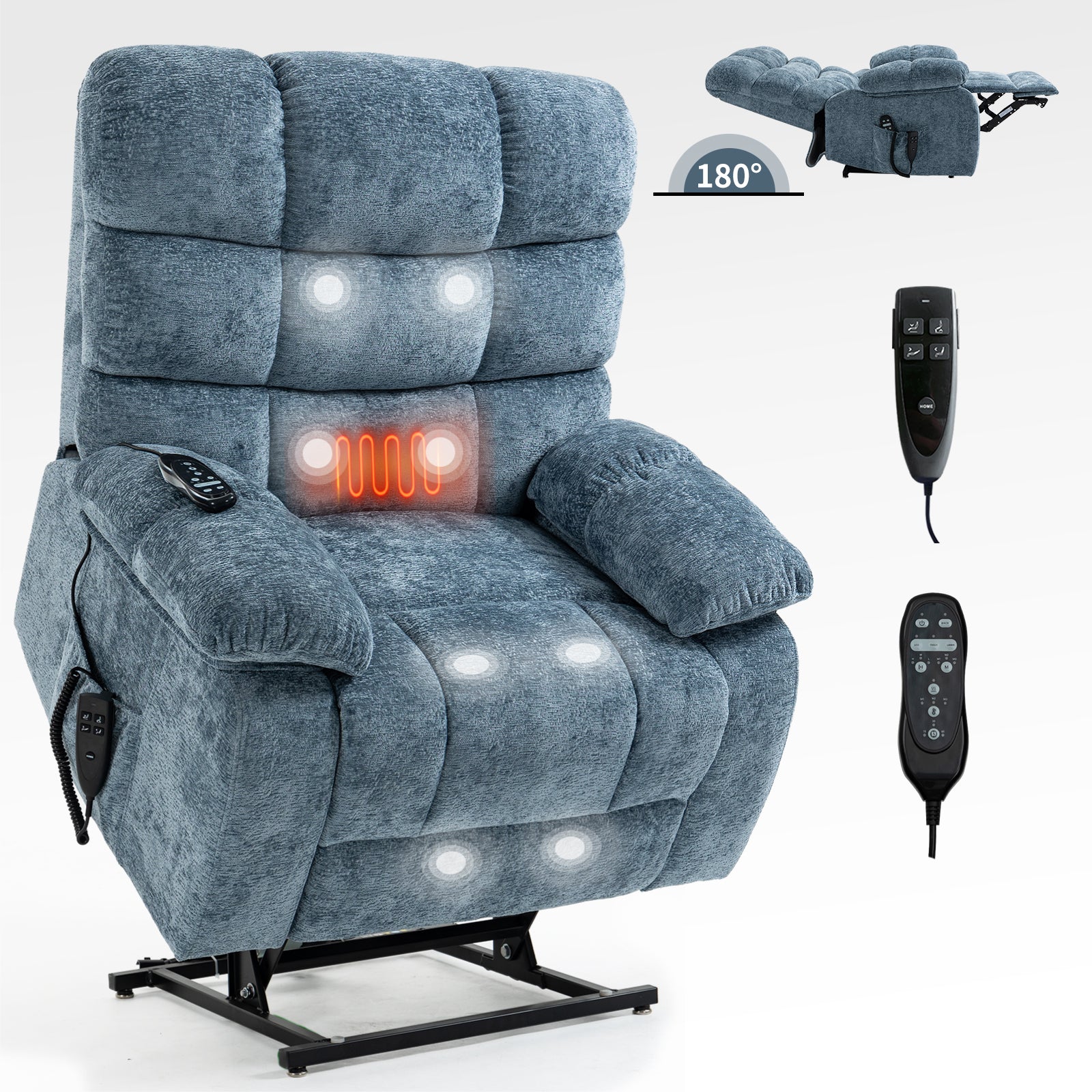 Lift Recliner Chair Heat Massage Dual Motor Infinite Position Up To 350 Lbs Large Electric Power Lift Recliners With Power Remote, Medium Firm And Heavy Duty, Blue White Metal Primary Living Space Heavy Duty Pine Blue Chenille Power Remote Medium Firm