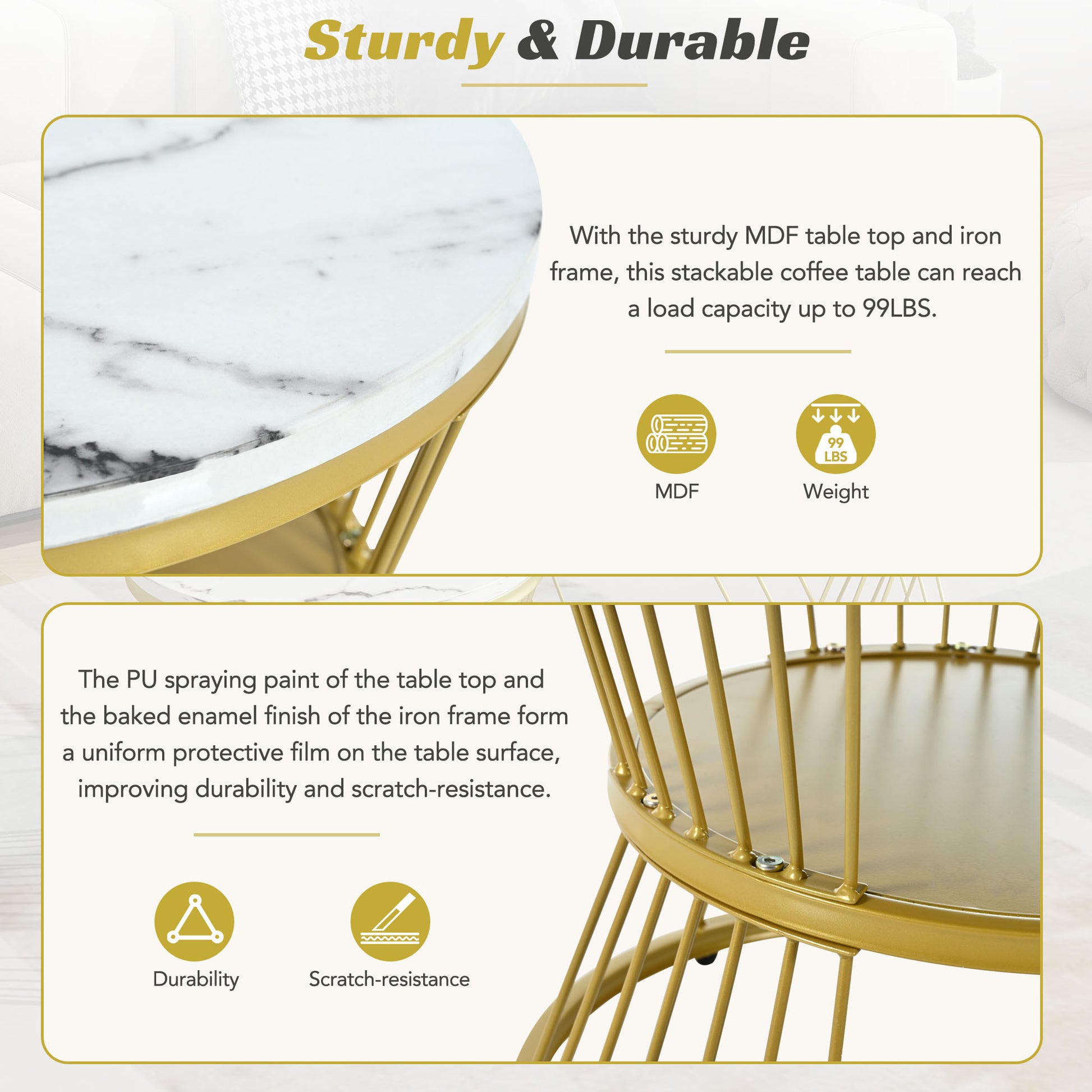 27.5'' & 17.7'' Nesting Coffee Table With Marble Grain Table Top, Golden Iron Frame Round Coffee Table, Set Of 2, For Living Room, Balcony, White White Gold Primary Living Space Mdf Iron