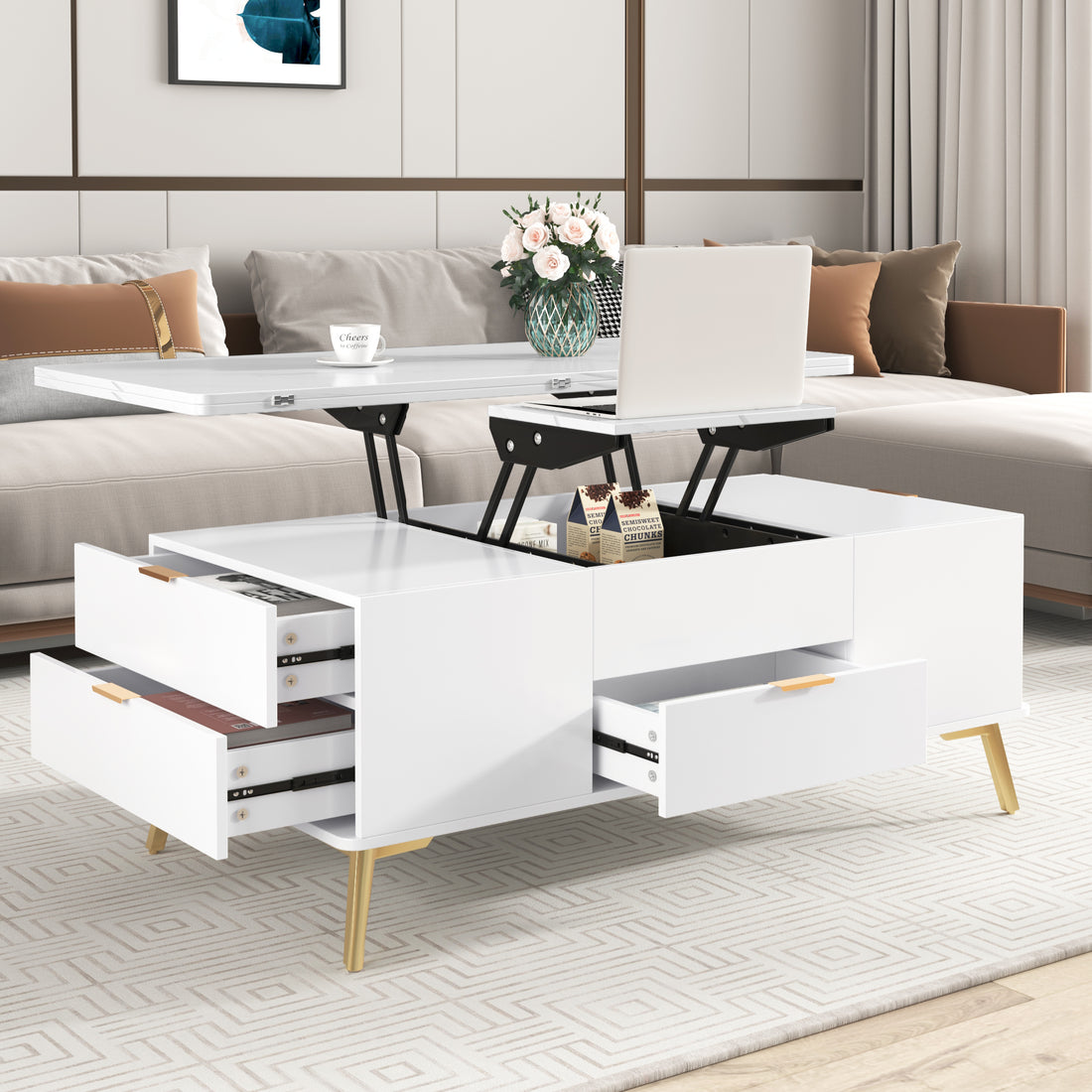 Modern Lift Top Coffee Table Multi Functional Table With Drawers In White White Mdf Steel